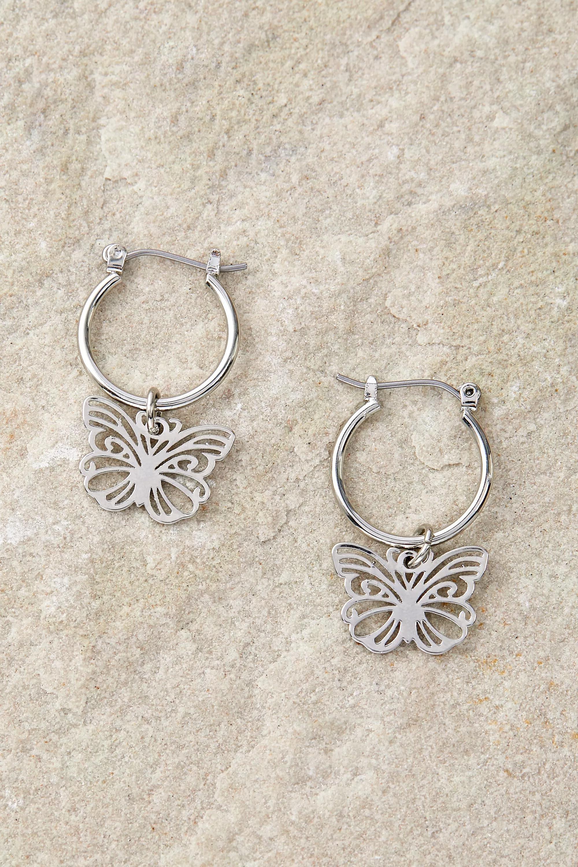 Silver Butterfly Hoop Drop Earrings, , large image number 0