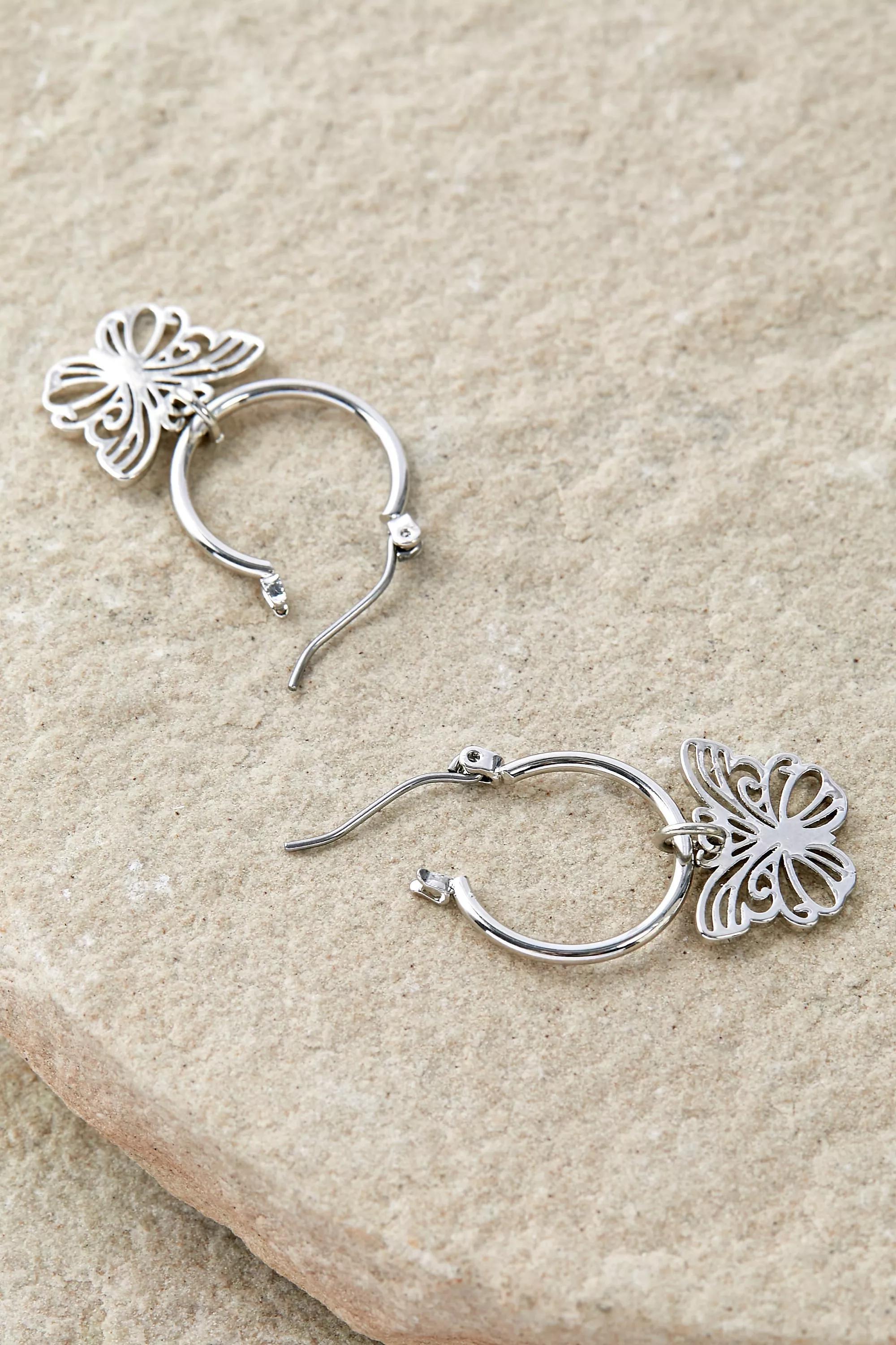 Silver Butterfly Hoop Drop Earrings, , large image number 2