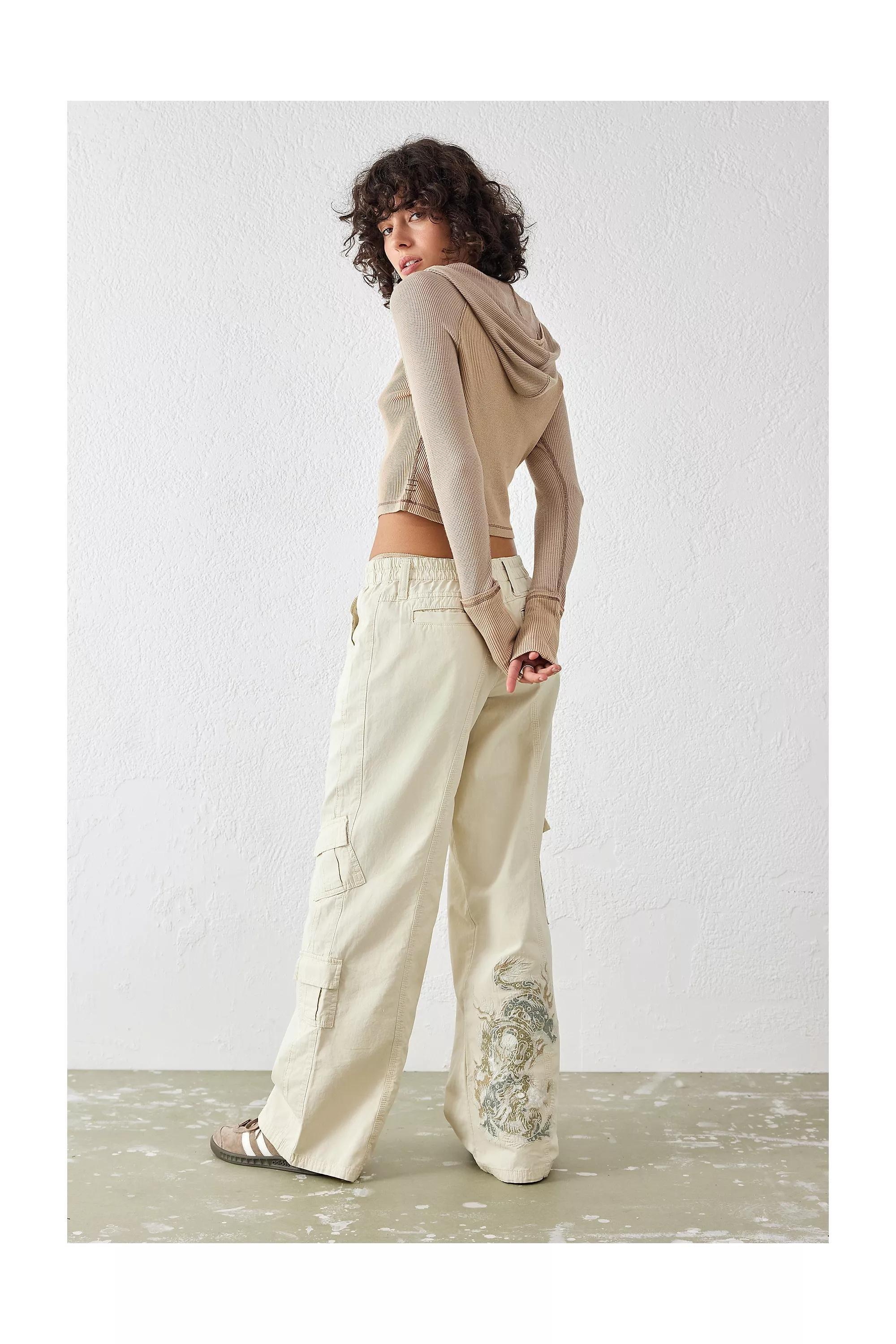 Dragon Embroidered Wide Leg Cargo Pants