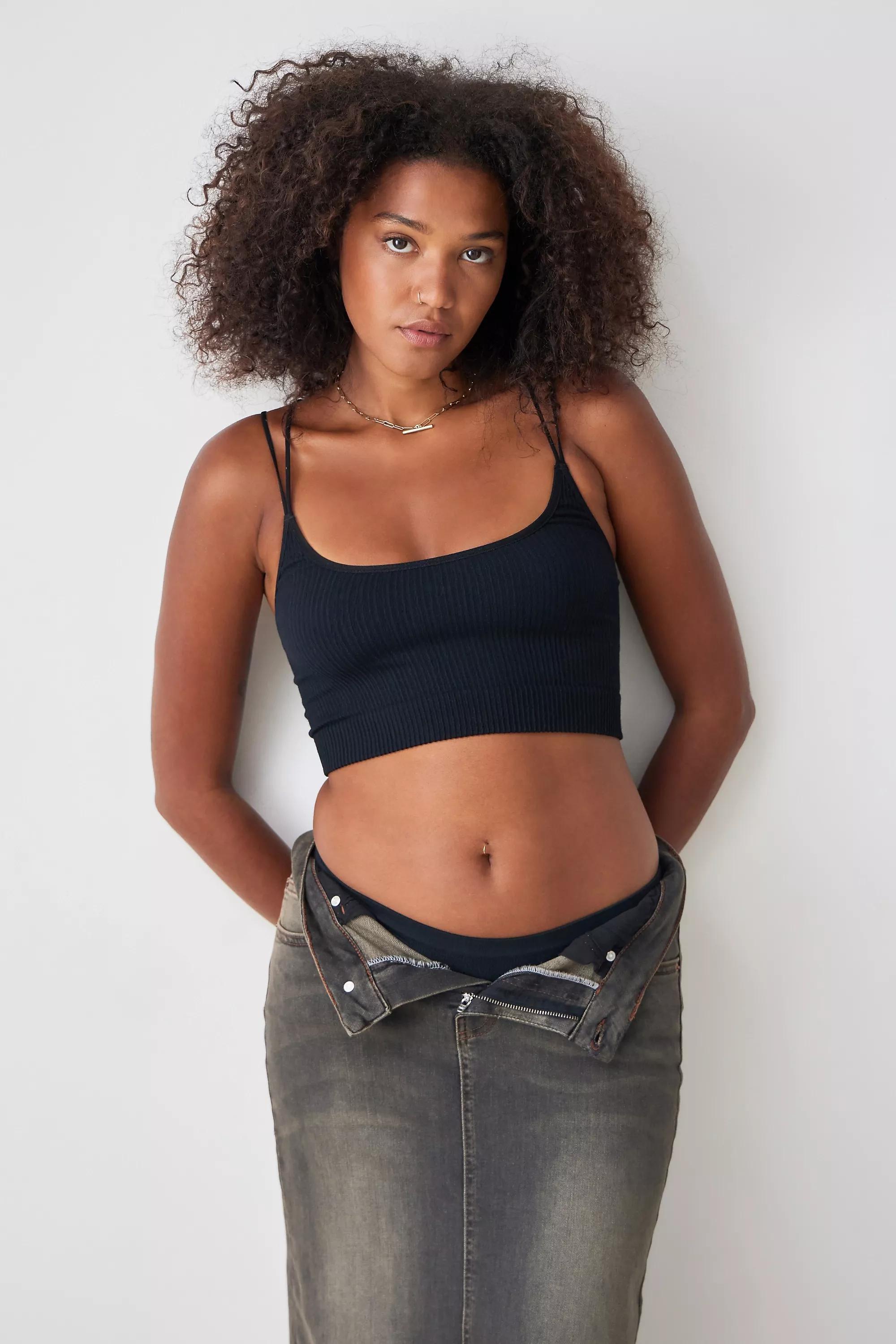 Black Seamless Stretched Ribbed Tank Top, , large image number 1