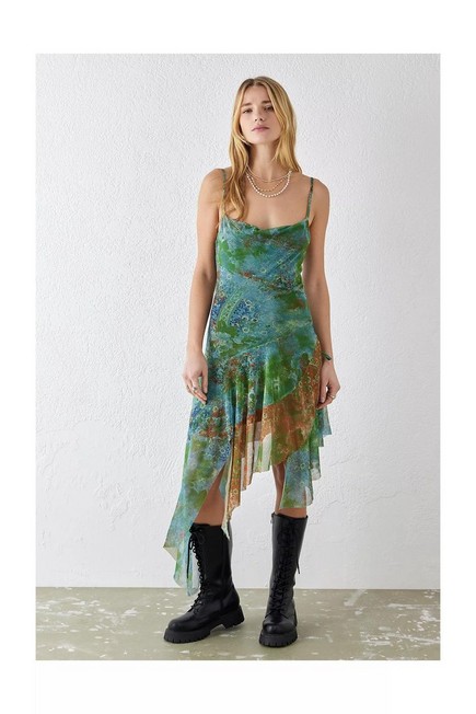 Urban Outfitters - Green Floral Asymmetrical Mesh Midi Dress