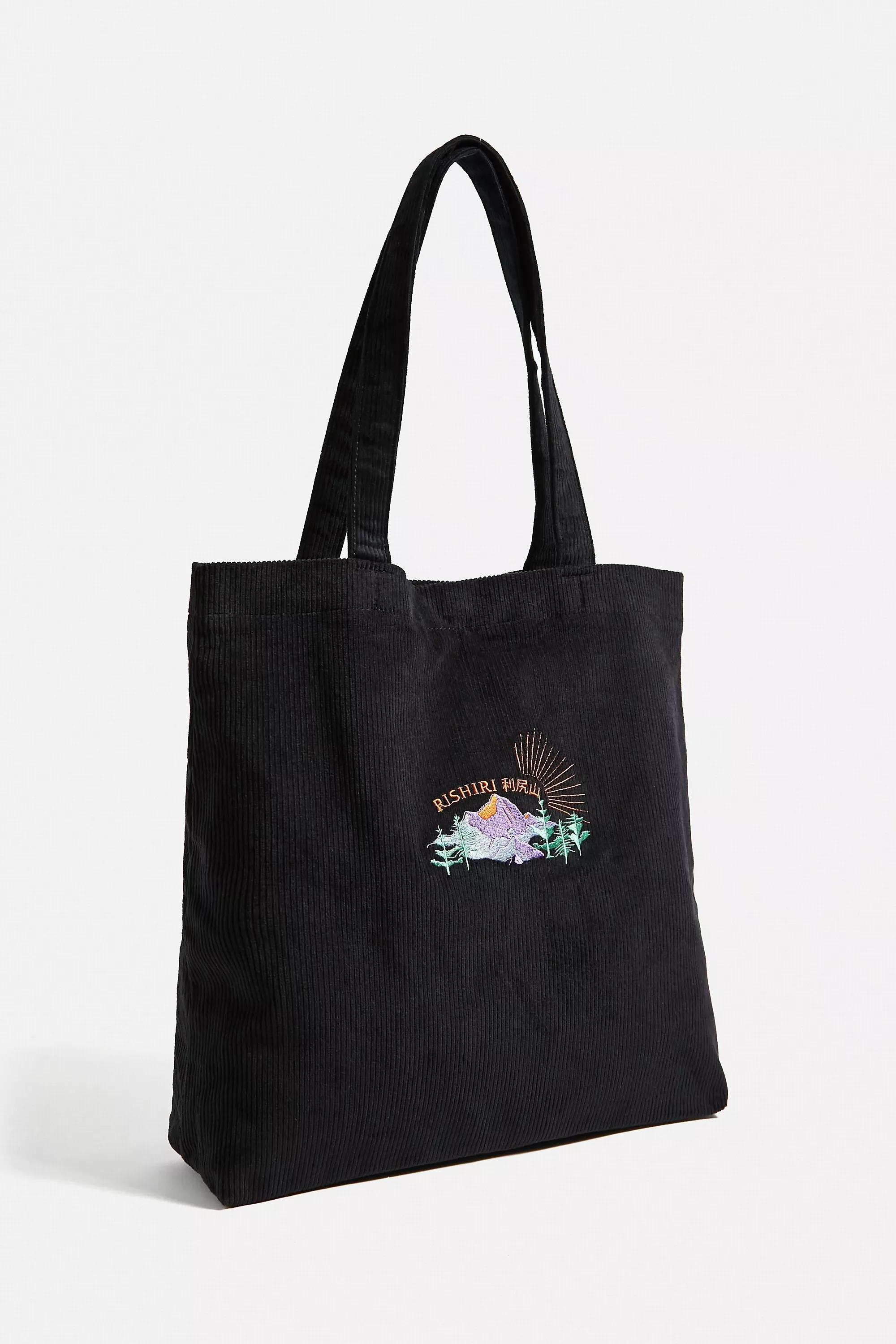 Black Embroidered Corduroy Tote Bag, , large image number 3