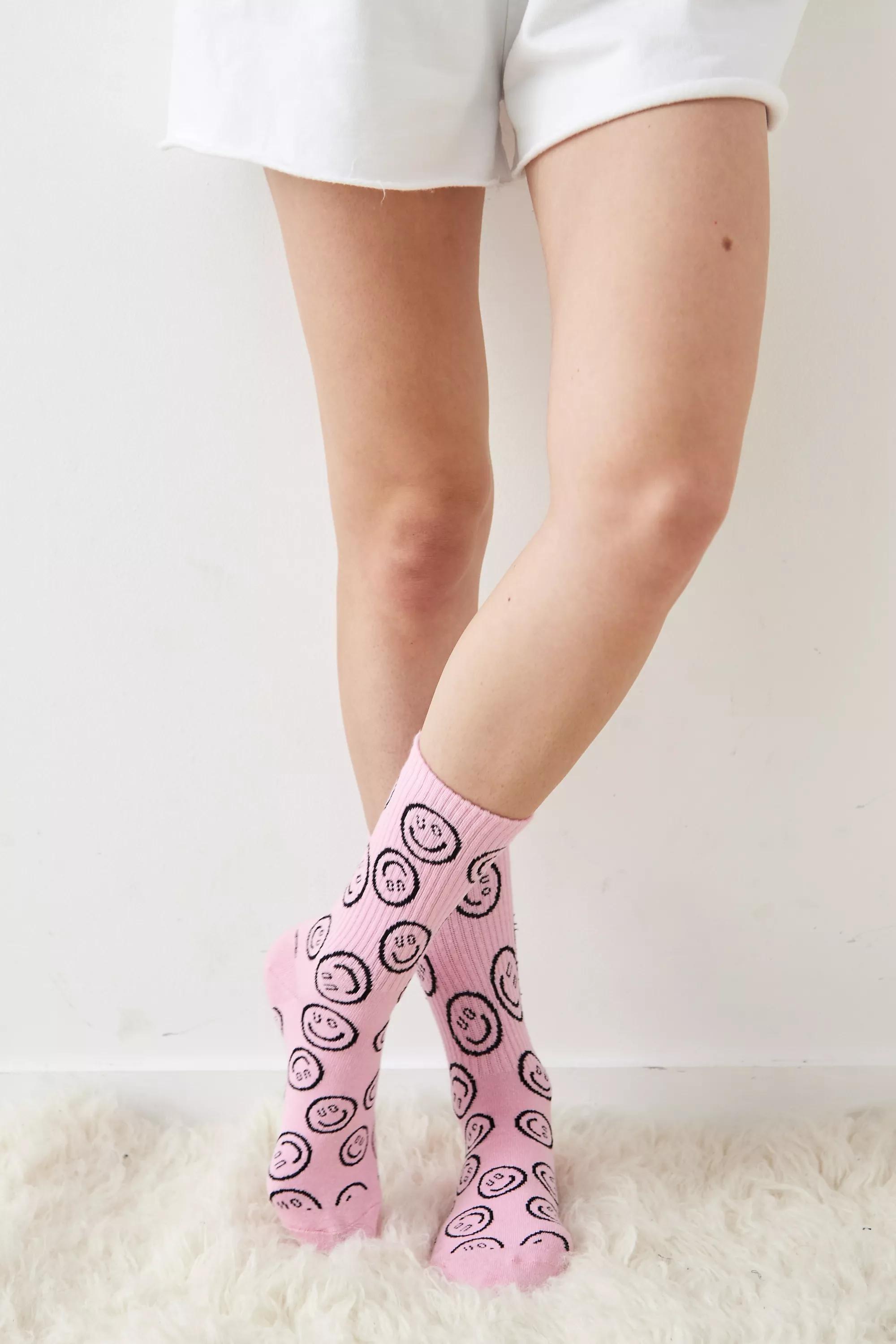 Pink Floral Smiley Face Socks - Others