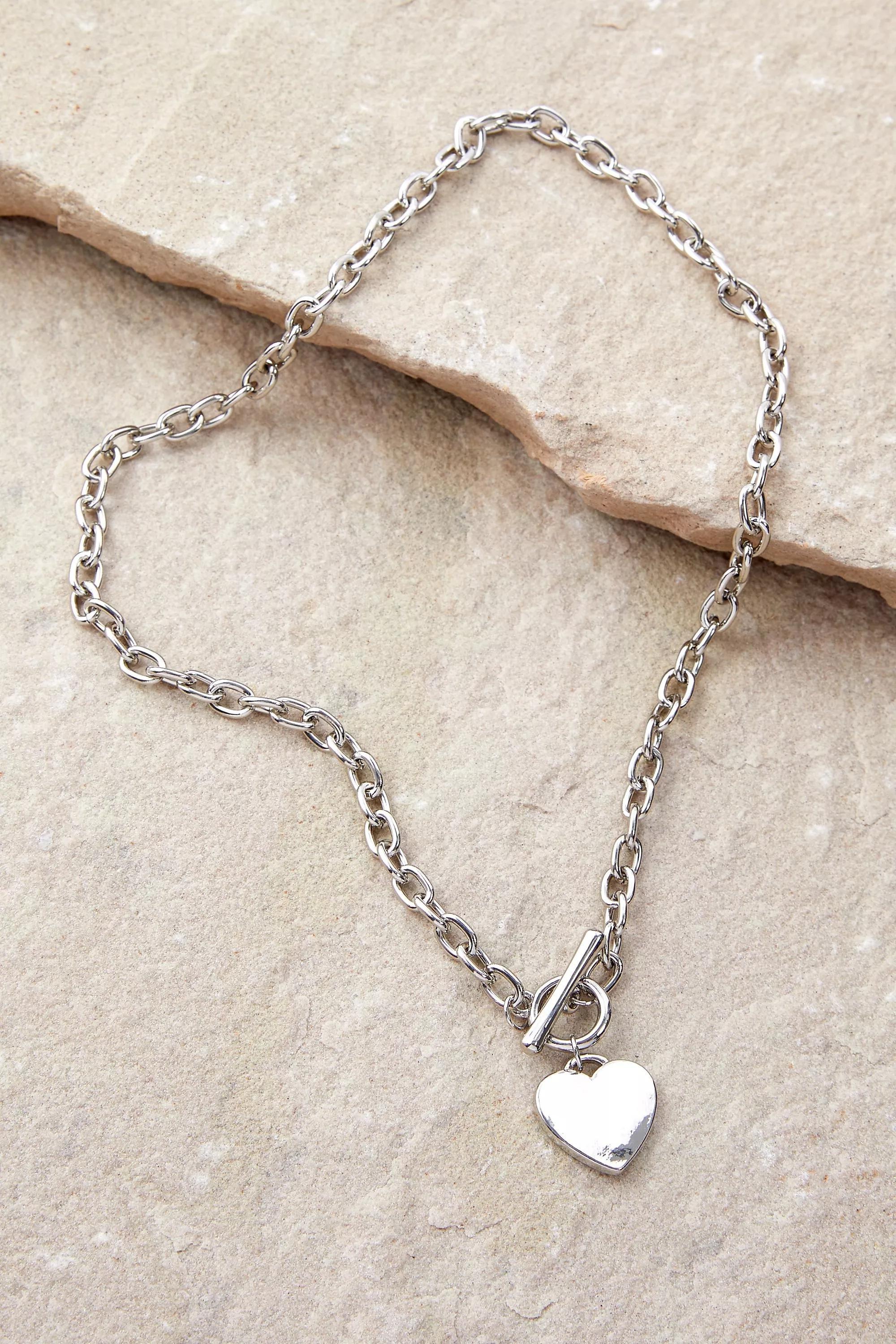 Silver Heart Chain T-Bar Necklace, , large image number 3