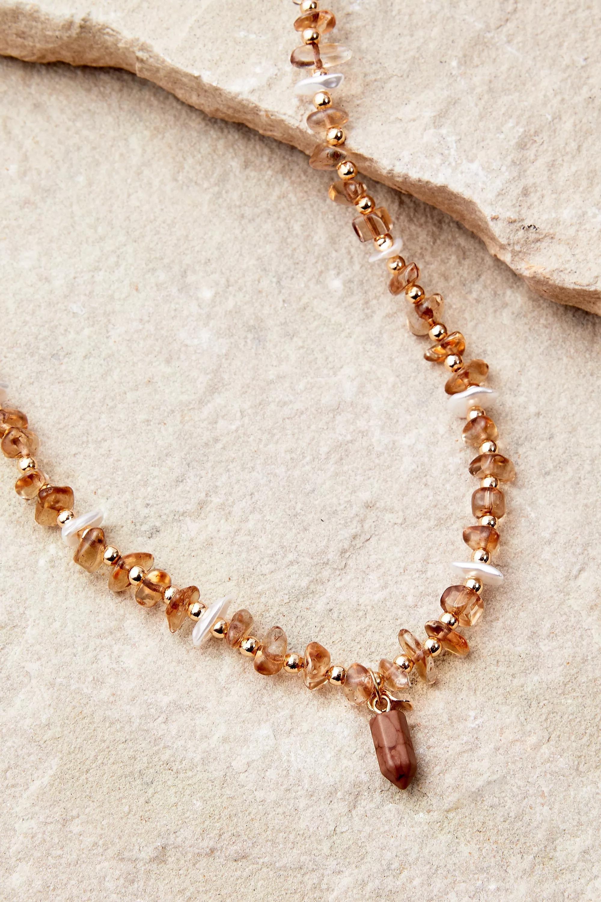 Brown Stone And Pearl Choker Necklace, , large image number 1