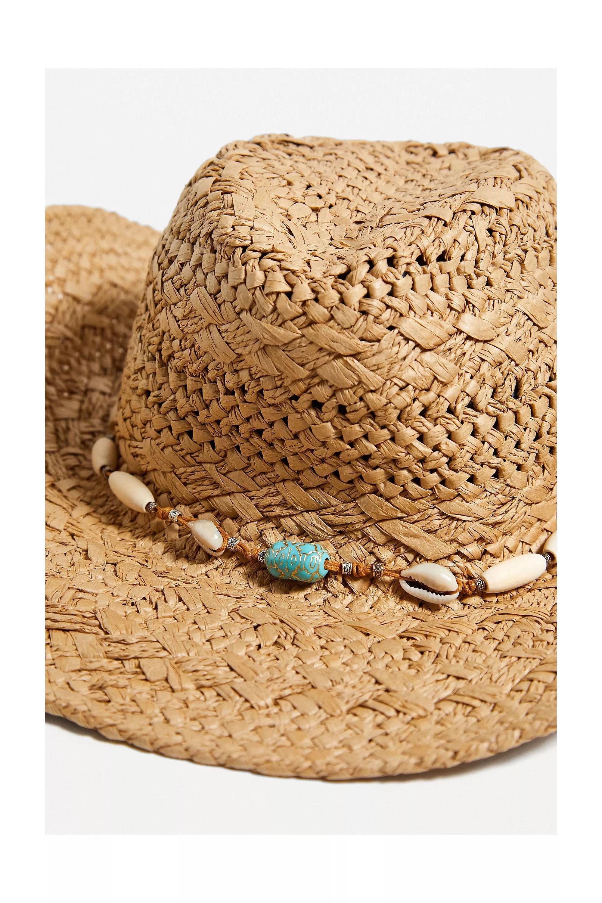 Beige Beaded Straw Cowboy Hat, , large image number 1
