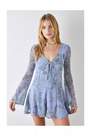Urban Outfitters - Blue Eva Flocked Mesh Playsuit