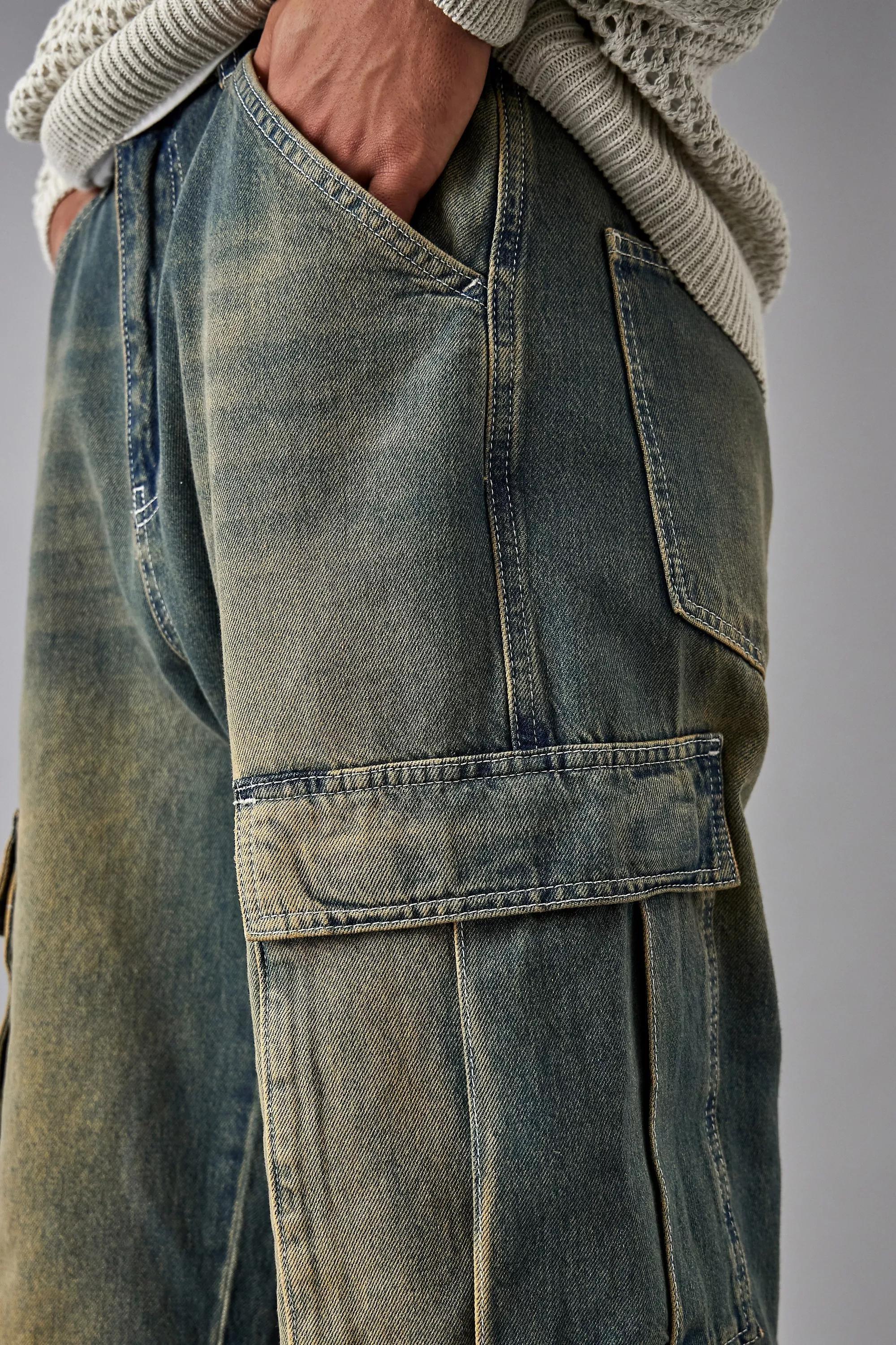 Blue Bdg Fixed Waist Stone Wash Denim Cargo Jeans, , large image number 2