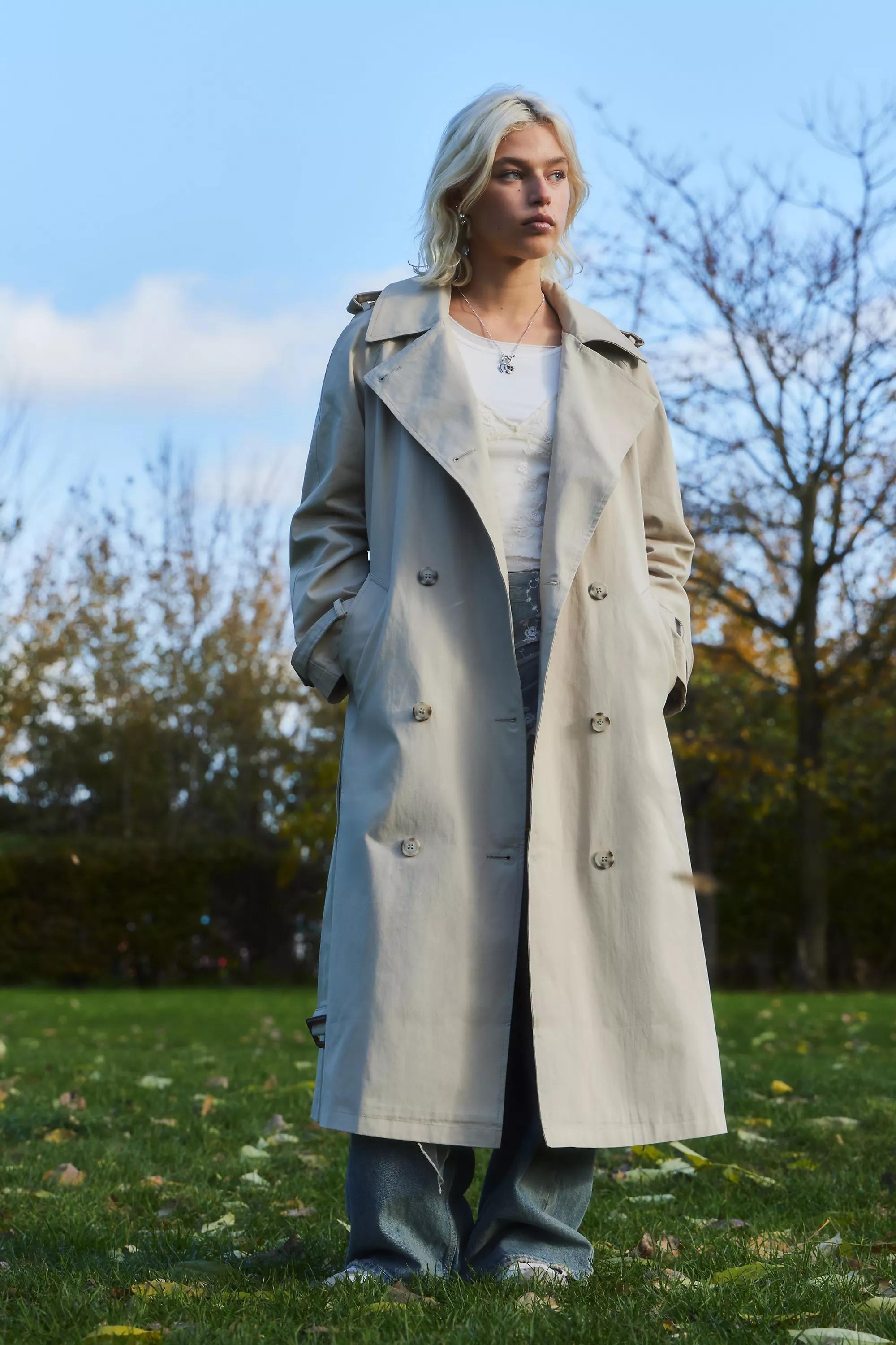 Urban Outfitters STONE Light Before Dark Double Breasted Trench