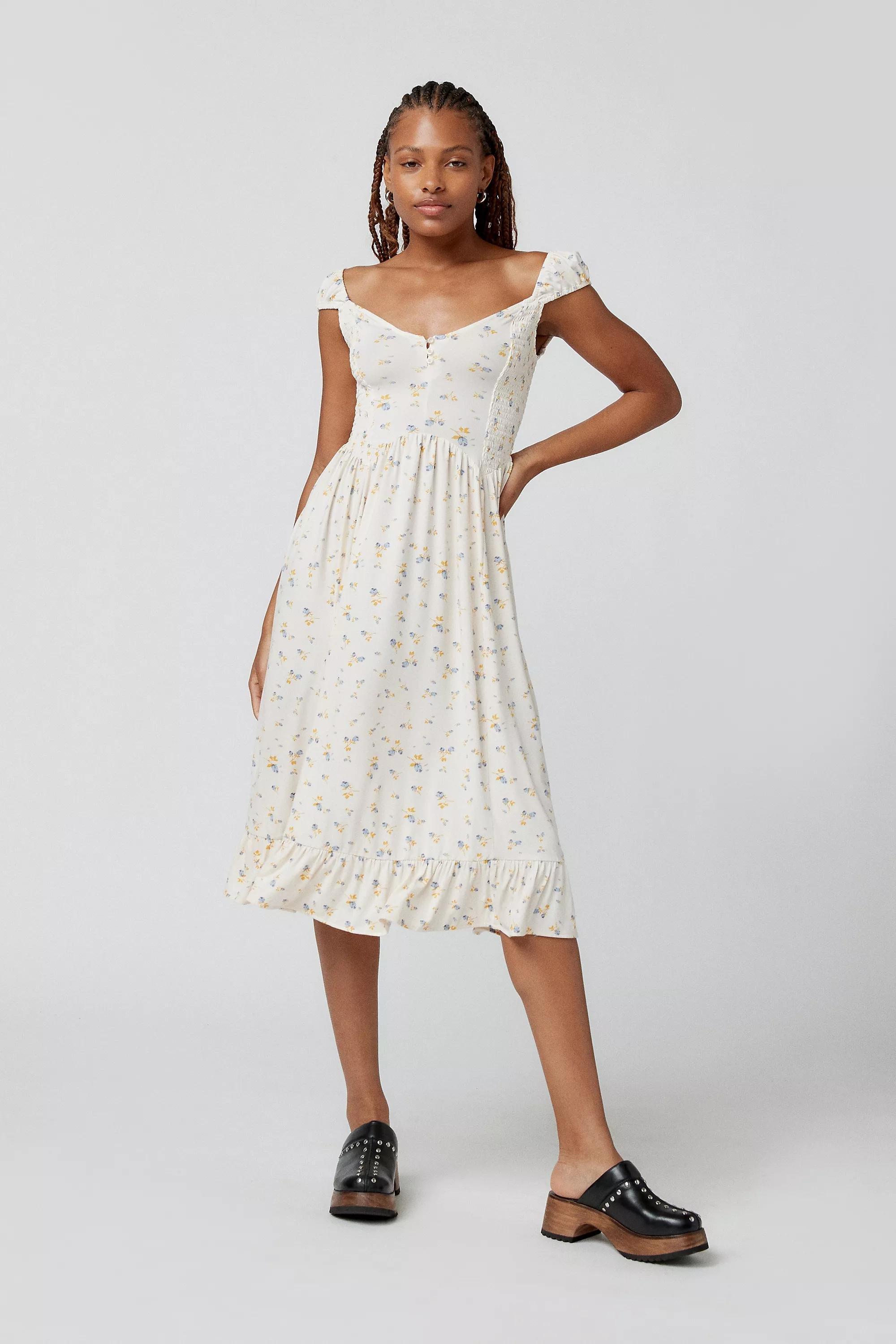 Urban Outfitters - Cream Uo Elenor White Floral Midi Dress