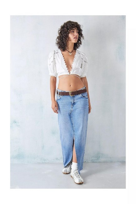 Urban Outfitters - Blue Denim Front Cut-Out Maxi Skirt