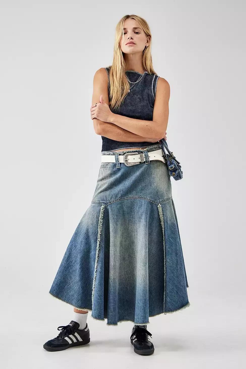 Blue Bdg Washed Denim Basque Midi Skirt