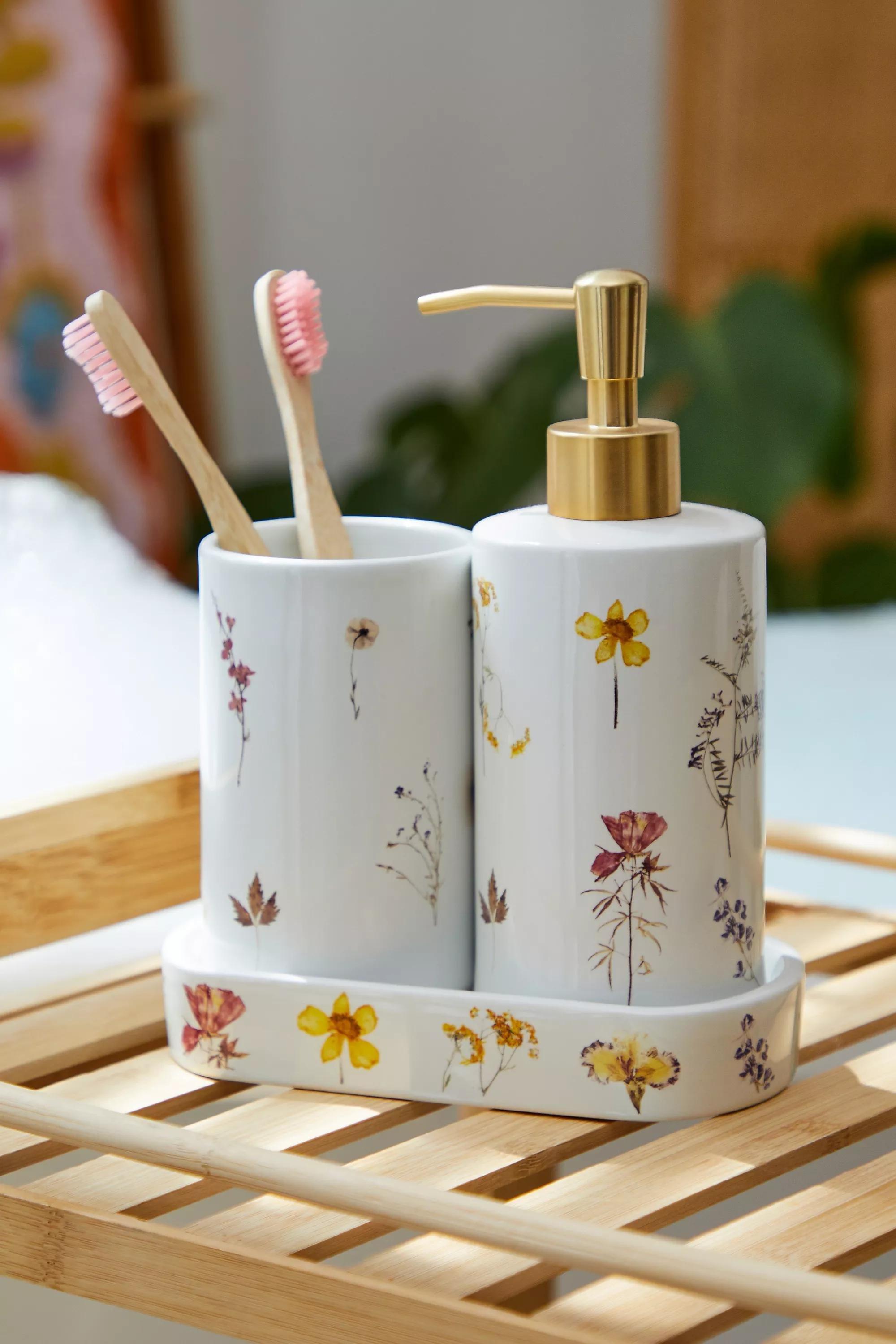 White Pressed Flower Bathroom Bundle, , large image number 0