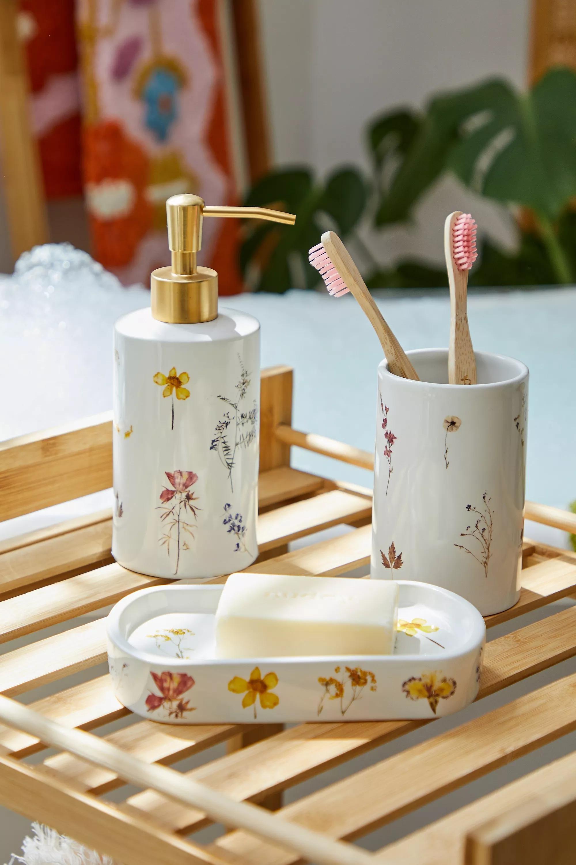 White Pressed Flower Bathroom Bundle, , large image number 1