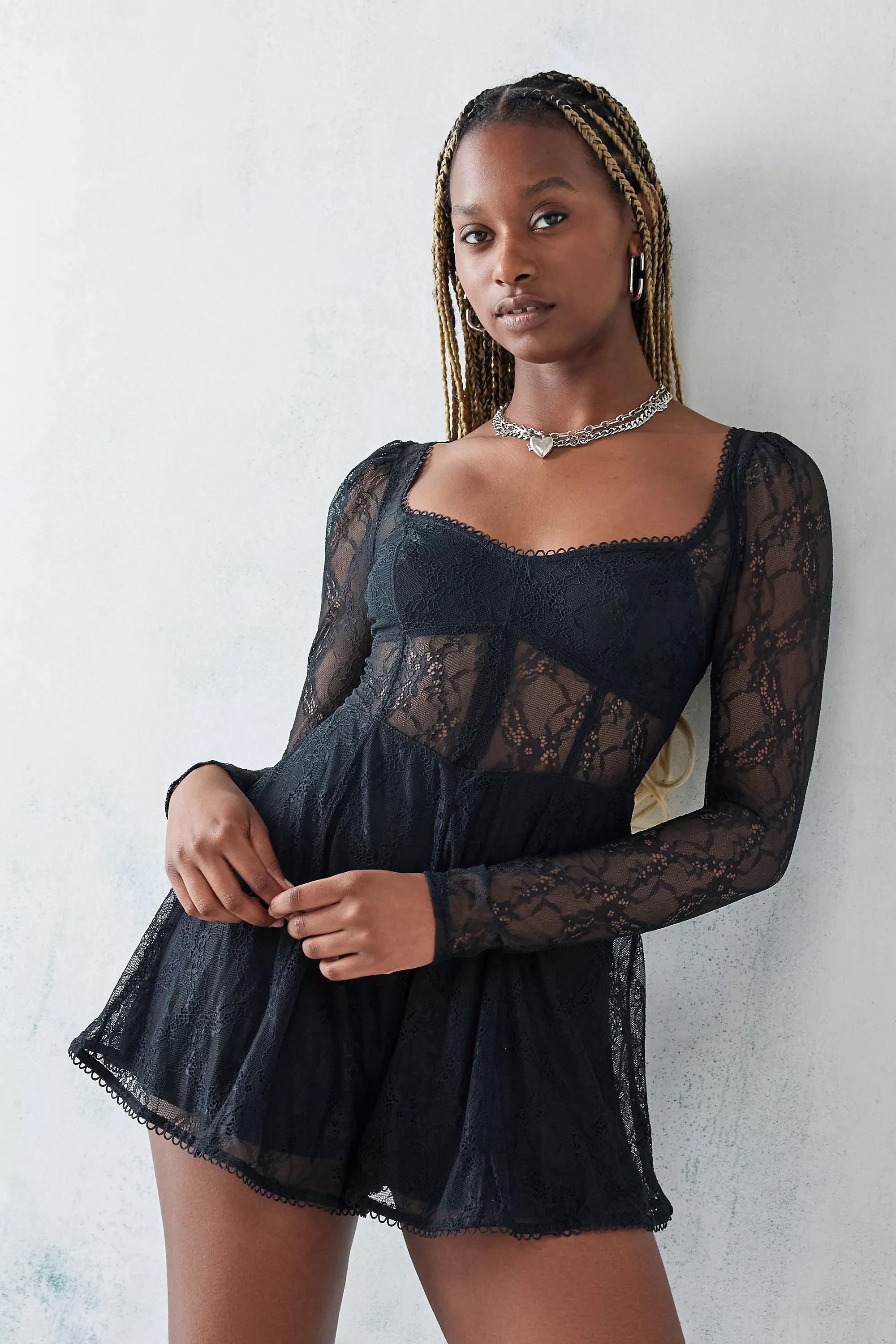 Urban Outfitters Black Uo Leah Lace Playsuit Azadea UAE