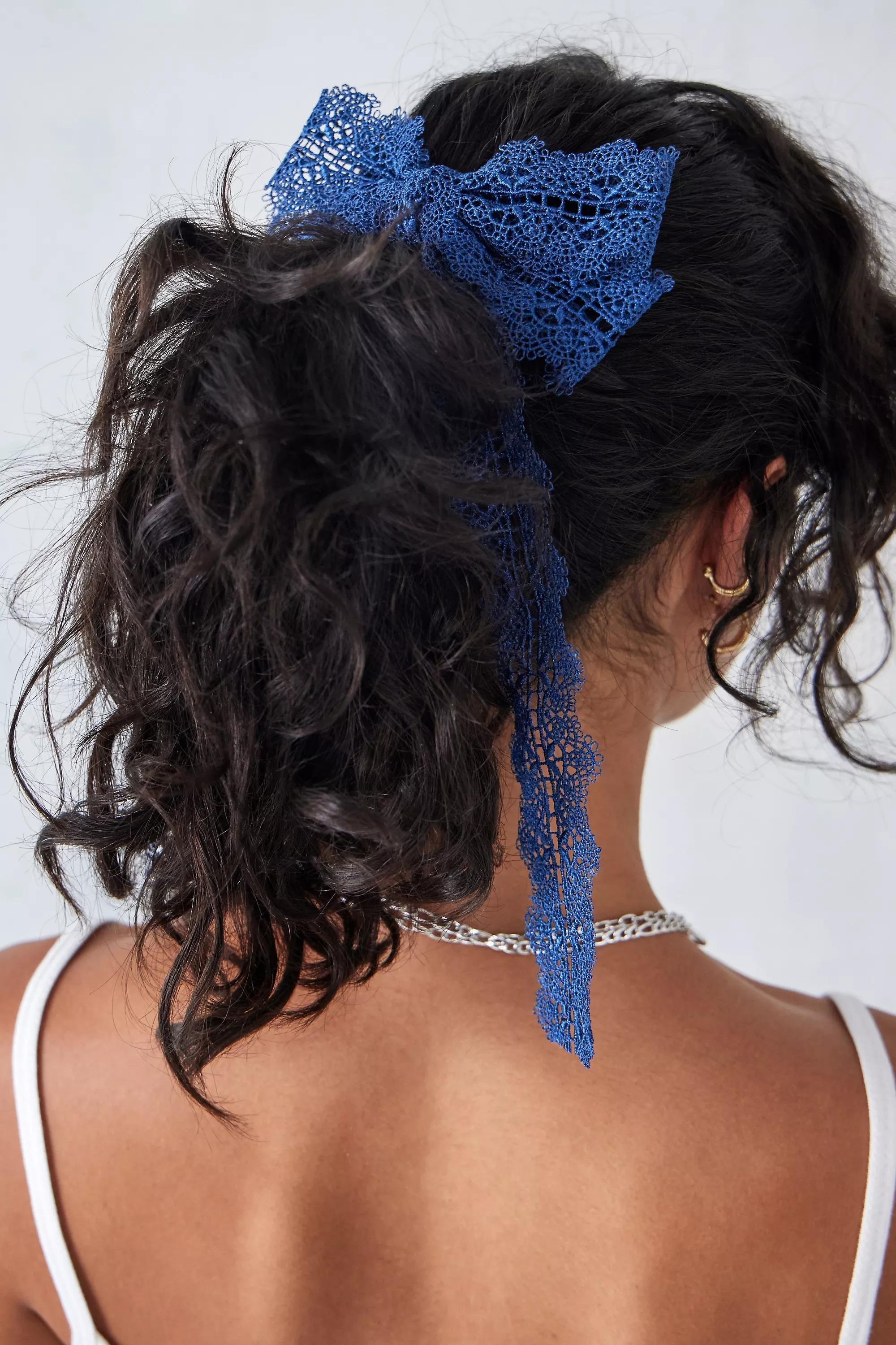 Navy Oversized Lace Bow Hair Clip, , large image number 0