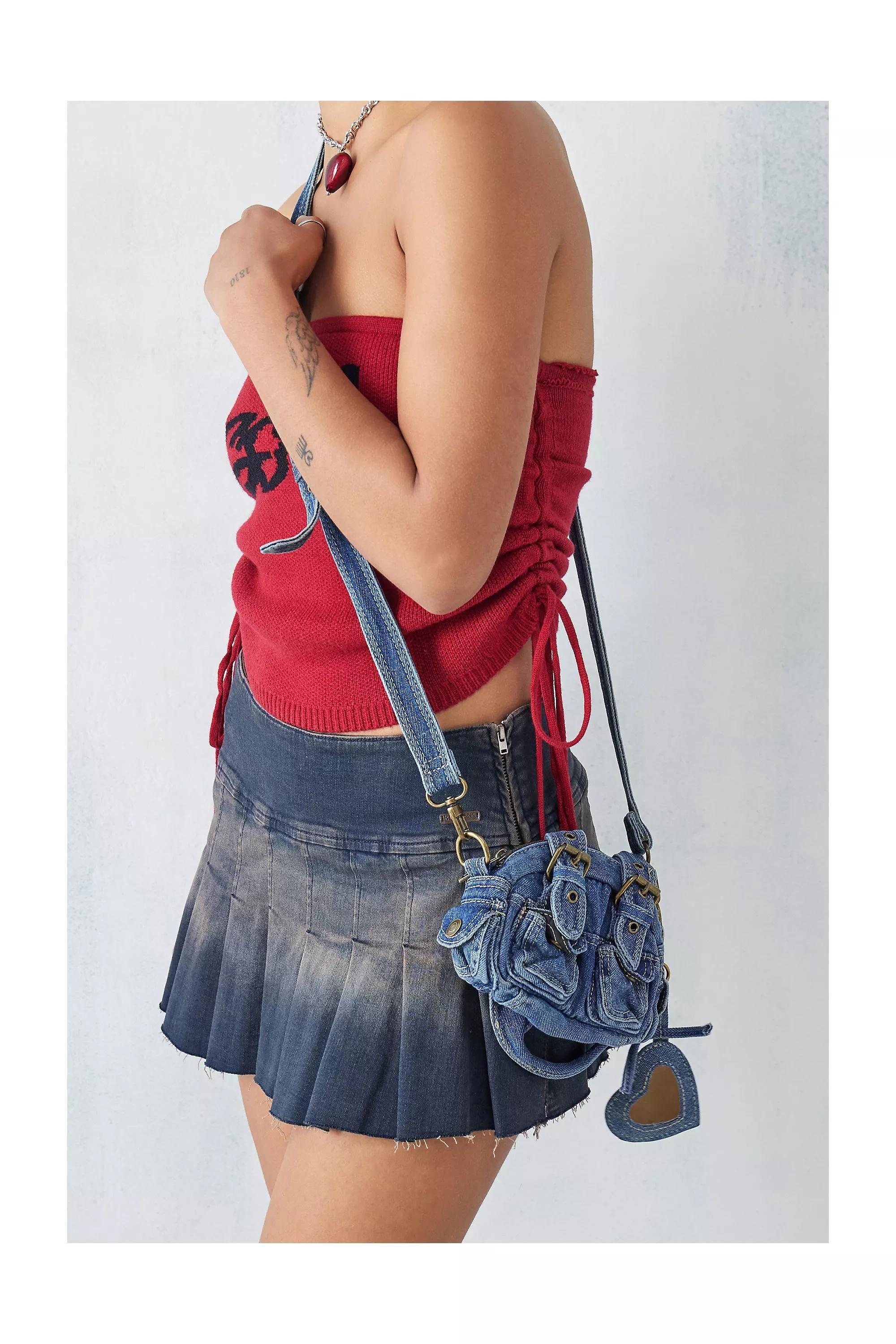 Brown Denim Mini Crossbody Duffle Bag, , large image number 0