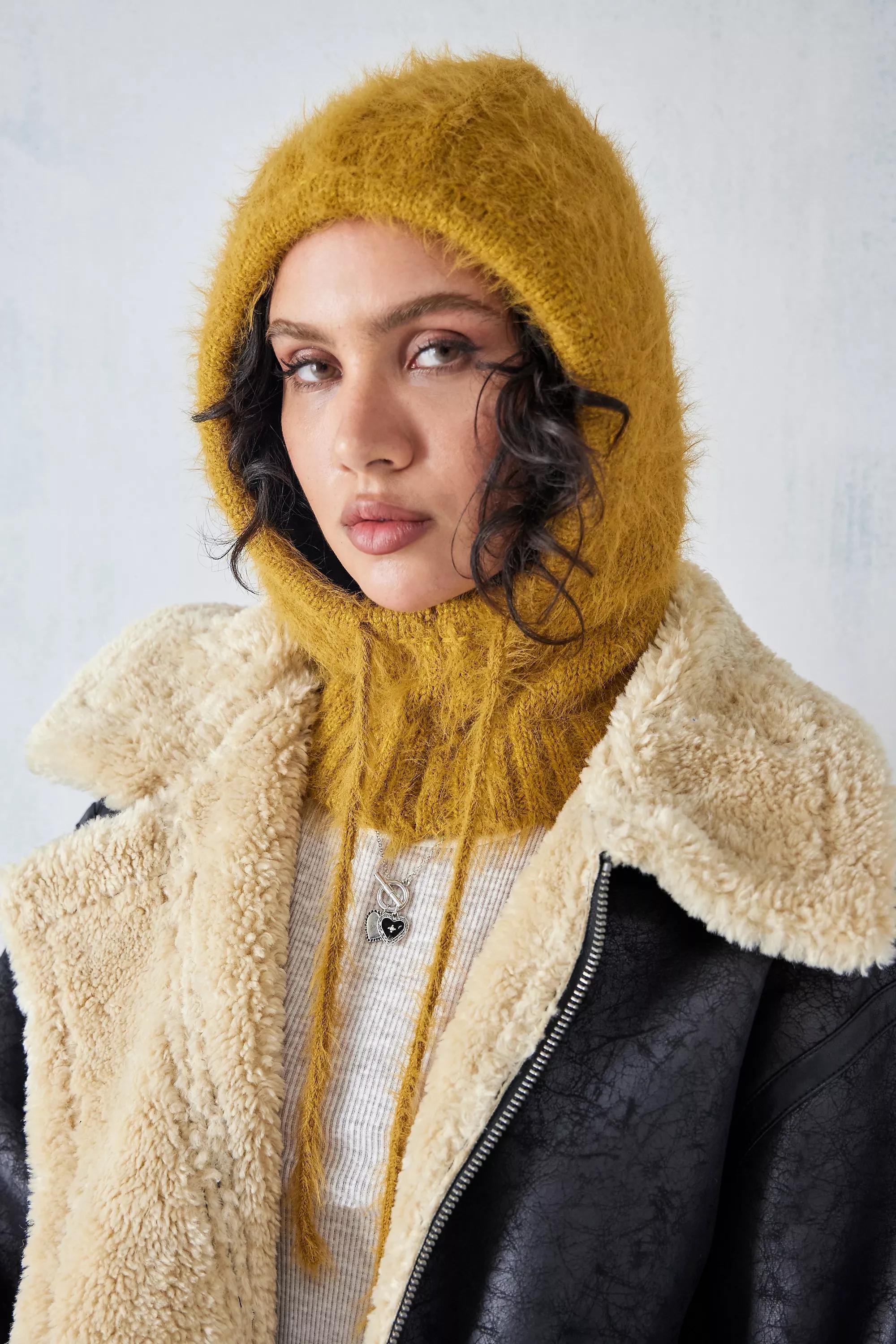 Yellow Plain Fluffy Knit Hood, , large image number 0