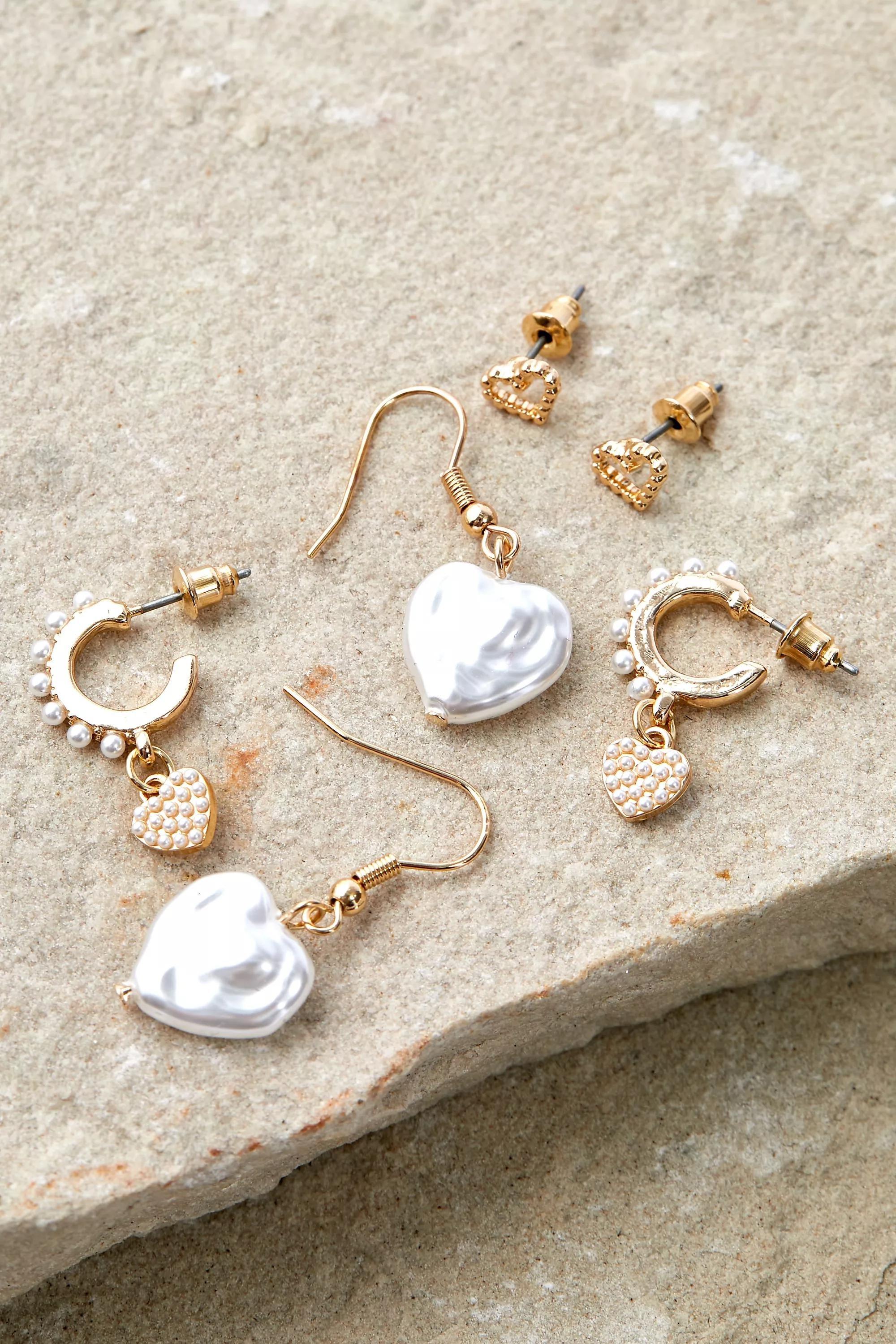 Gold Pearl Heart Earrings 3-Pack, , large image number 0