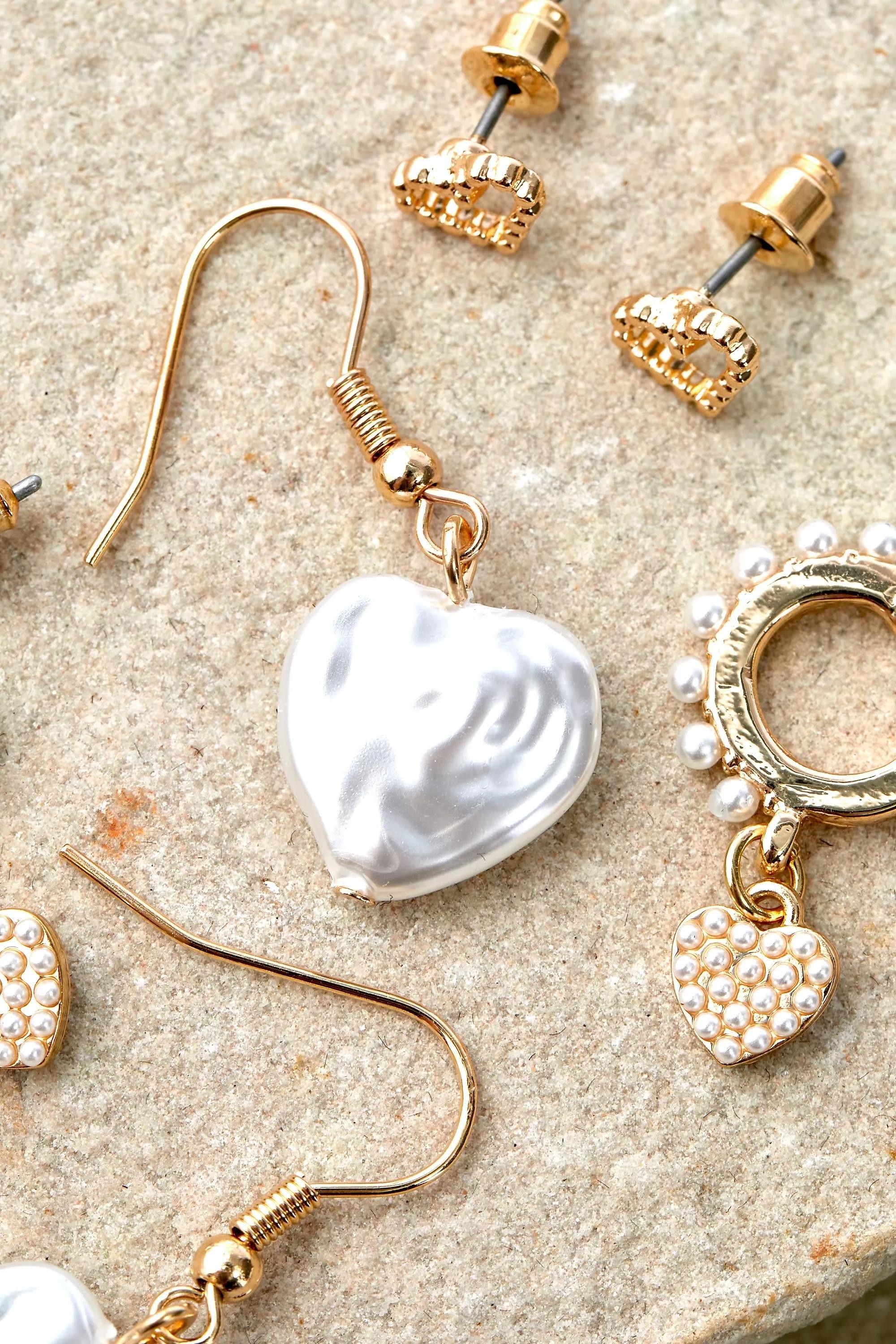 Gold Pearl Heart Earrings 3-Pack, , large image number 1