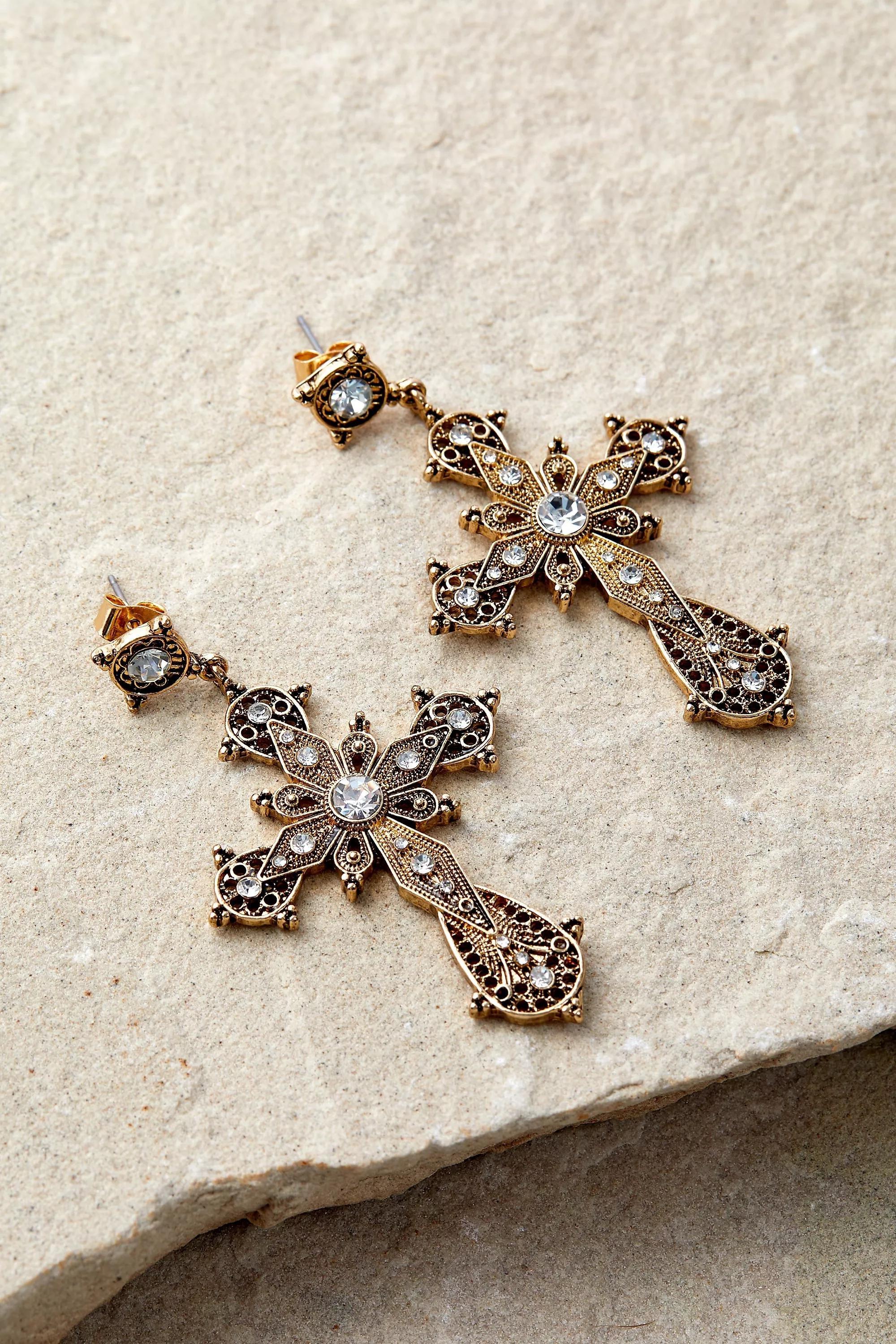 Gold Silence + Noise Ornate Cross Earrings, GOLD, large image number 0