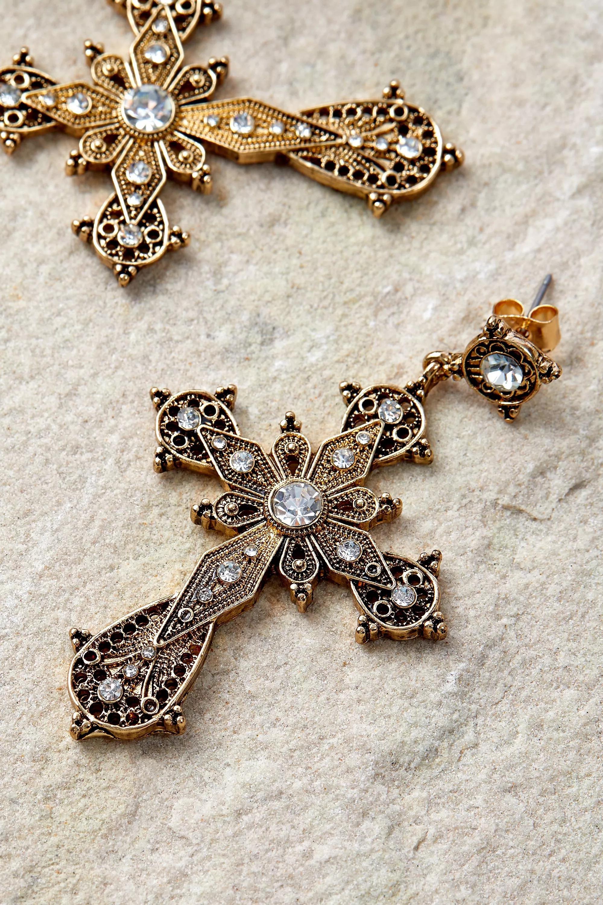 Gold Silence + Noise Ornate Cross Earrings, GOLD, large image number 1
