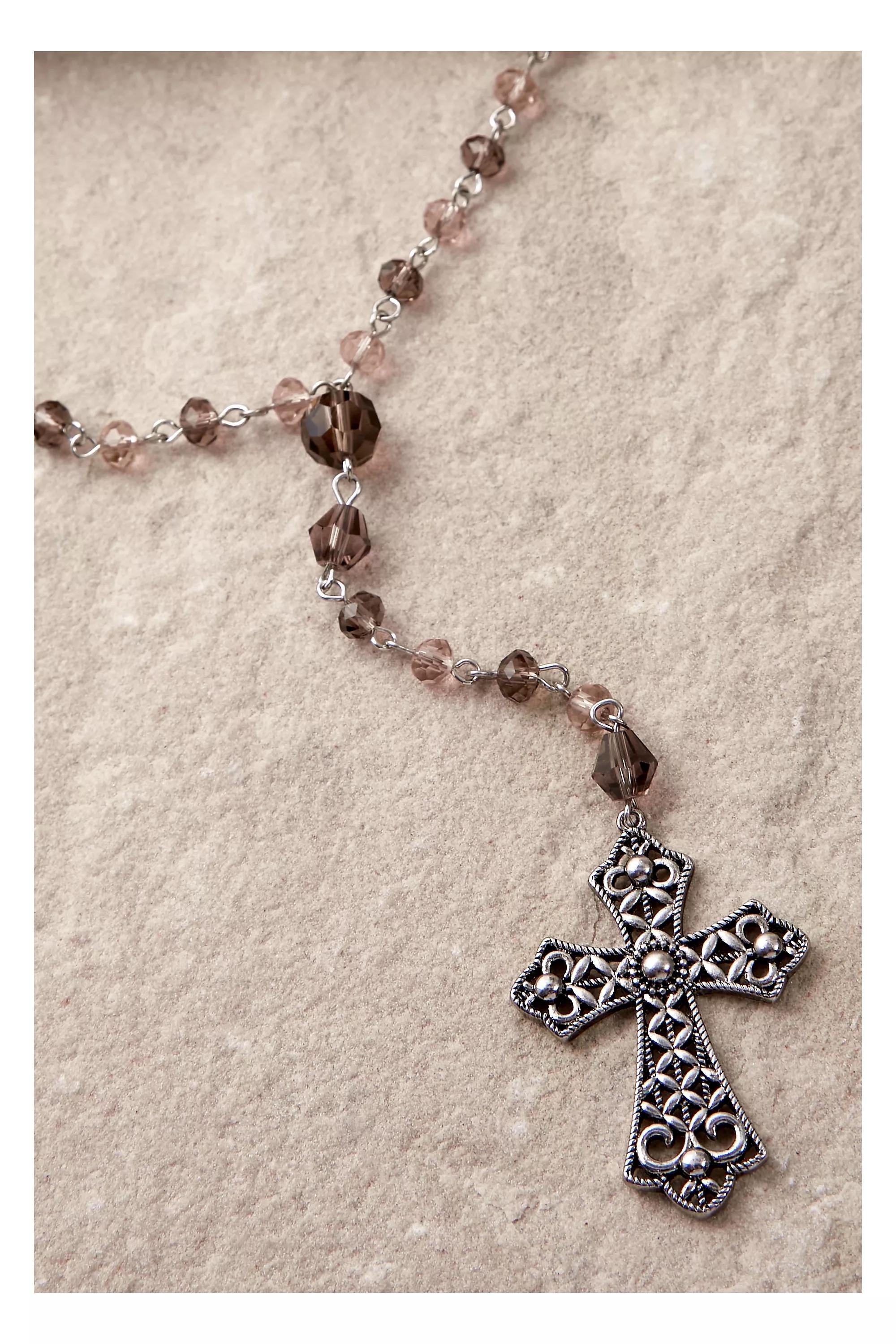 Grey Silence + Noise Glass Bead & Cross Lariat Necklace, , large image number 0