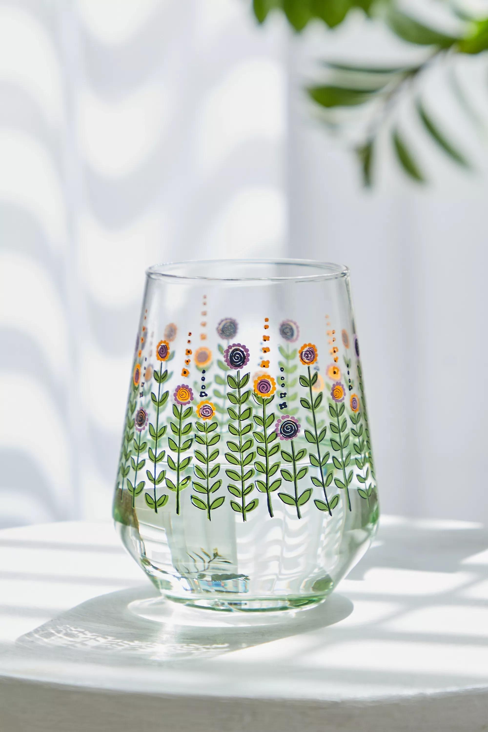 Green Garden Flower Stemless Wine Glass, , large image number 0