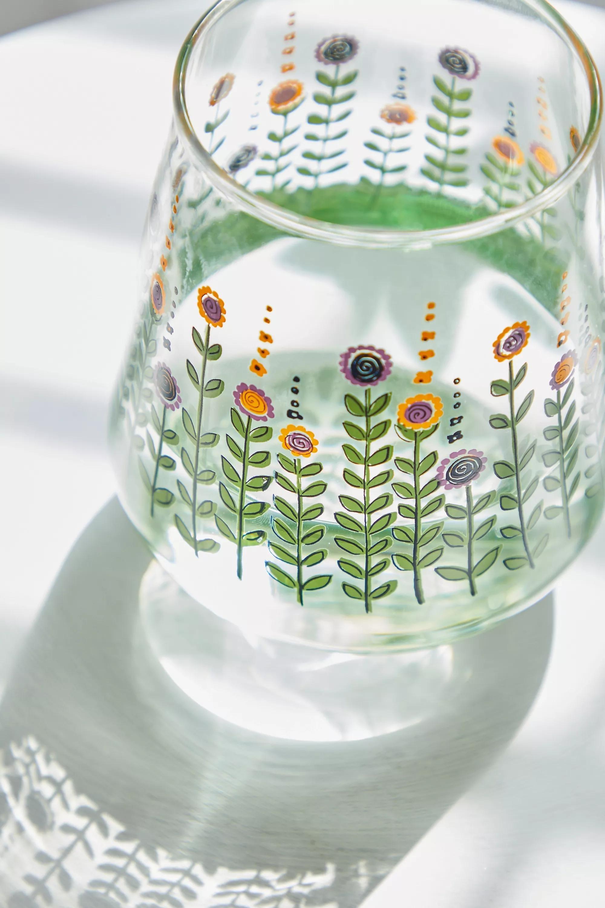 Green Garden Flower Stemless Wine Glass, , large image number 2