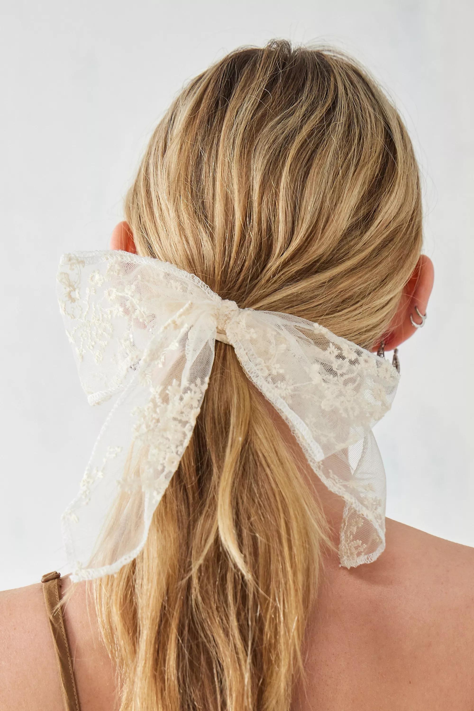 Cream Lace Bow Hair Bobble, , large image number 0