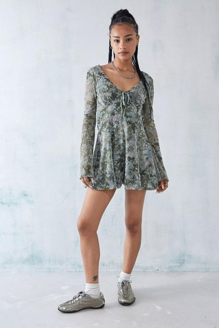 Urban Outfitters - Green Uo Eva Flocked Playsuit
