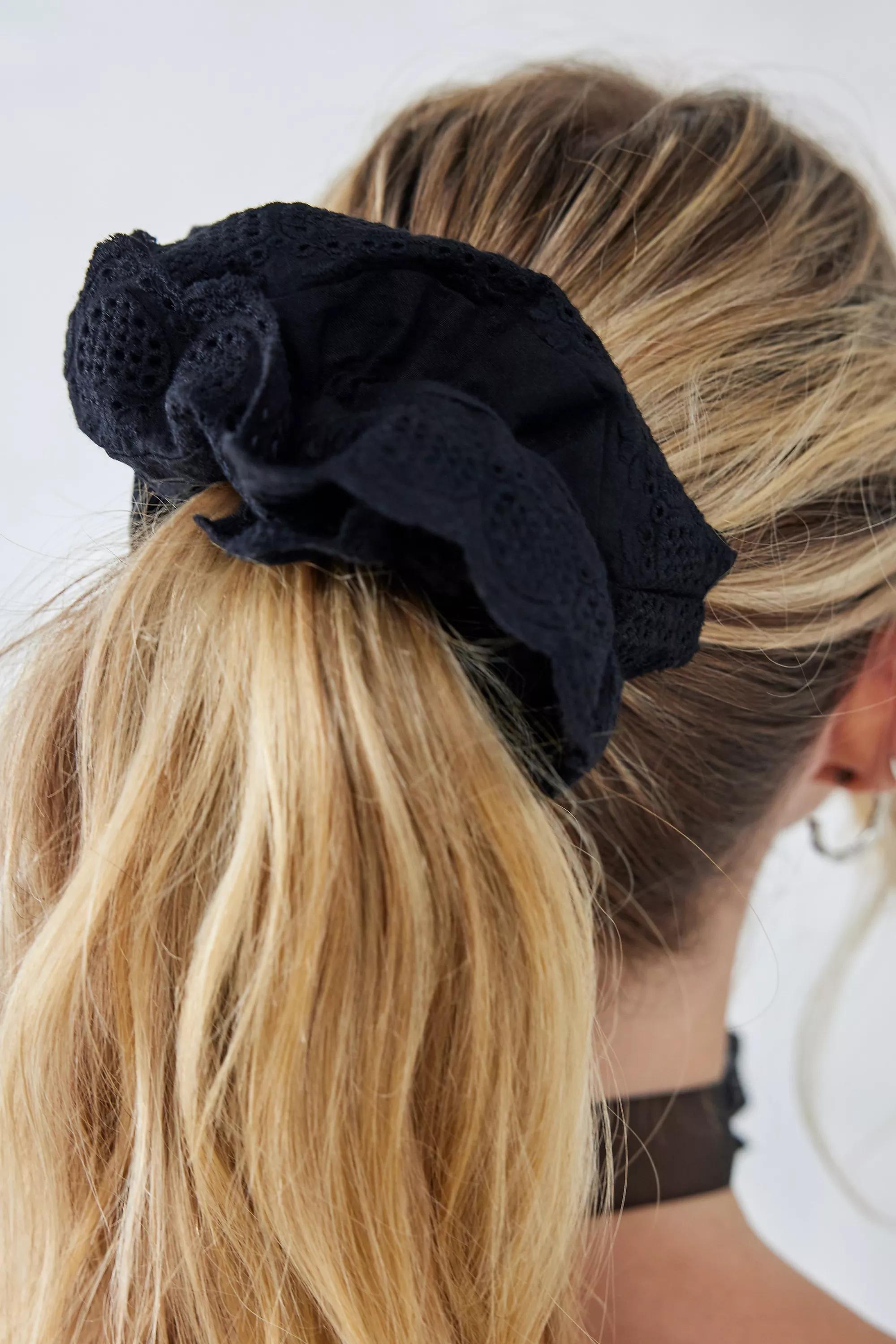 Black Cotton Lace Scrunchie, BLK, large image number 1