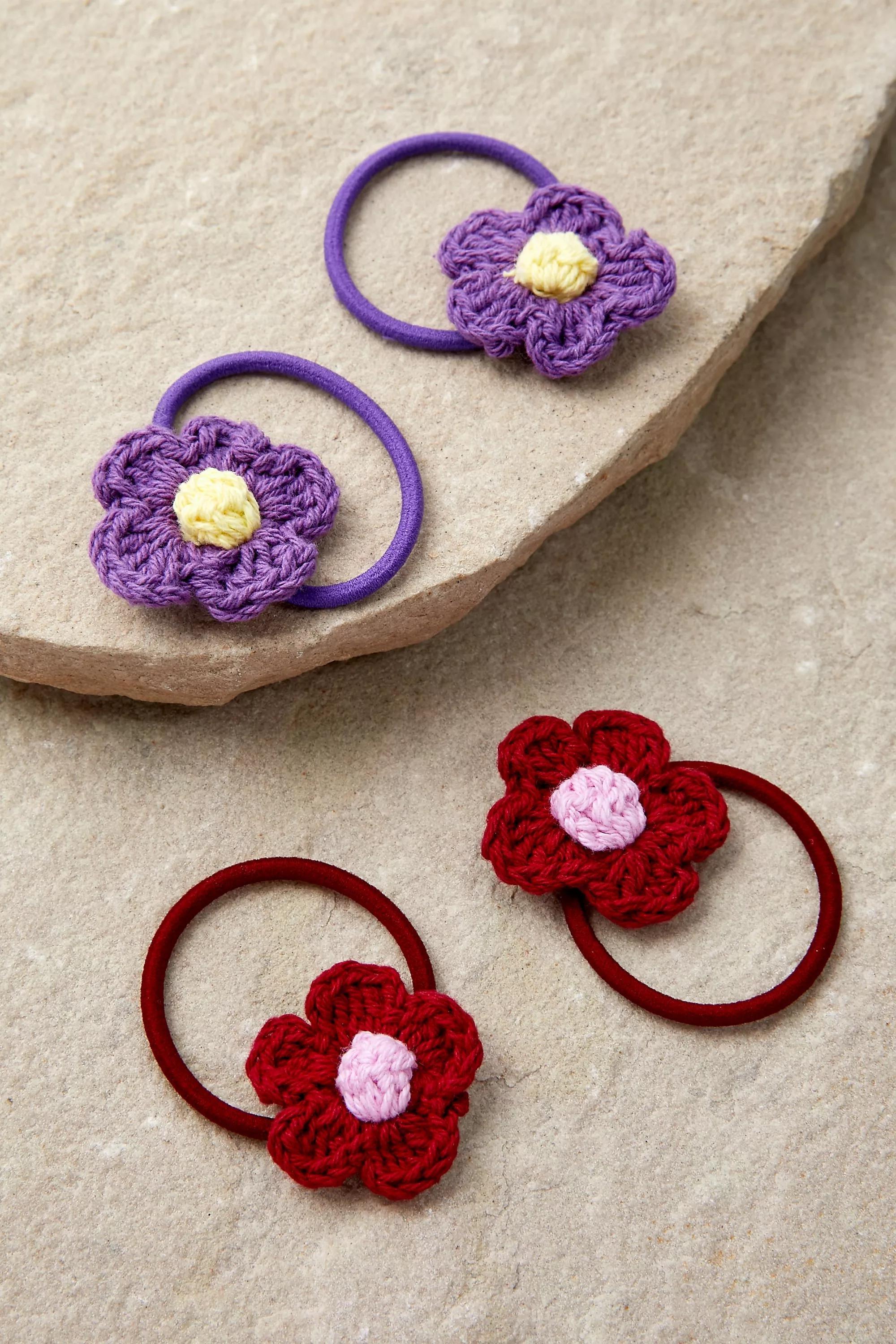 Purple Kitted Flower Hair Bobbles, Set Of 4, , large image number 1