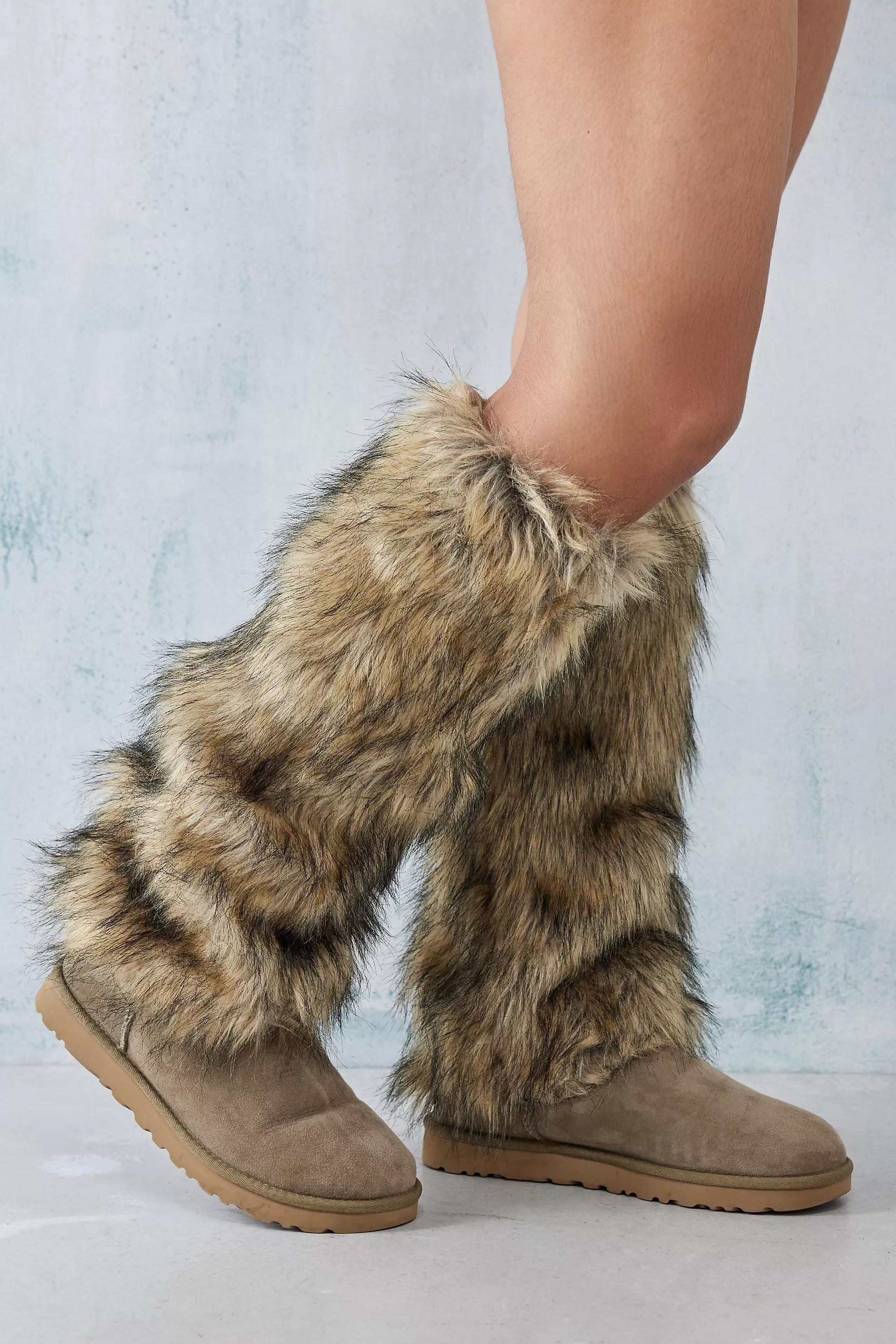 Brown Long Faux Fur Leg Warmers, , large image number 0