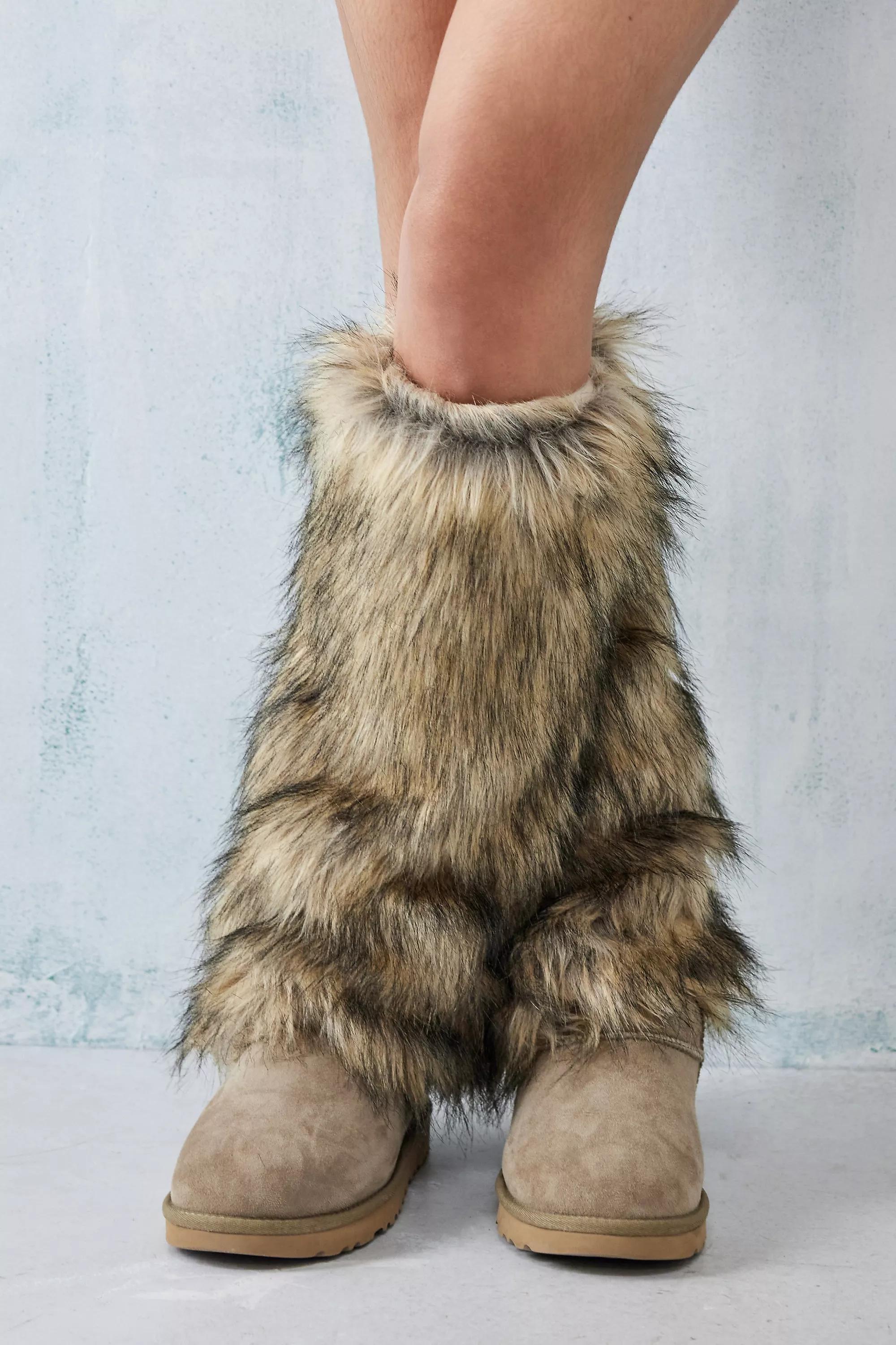 Brown Long Faux Fur Leg Warmers, , large image number 1