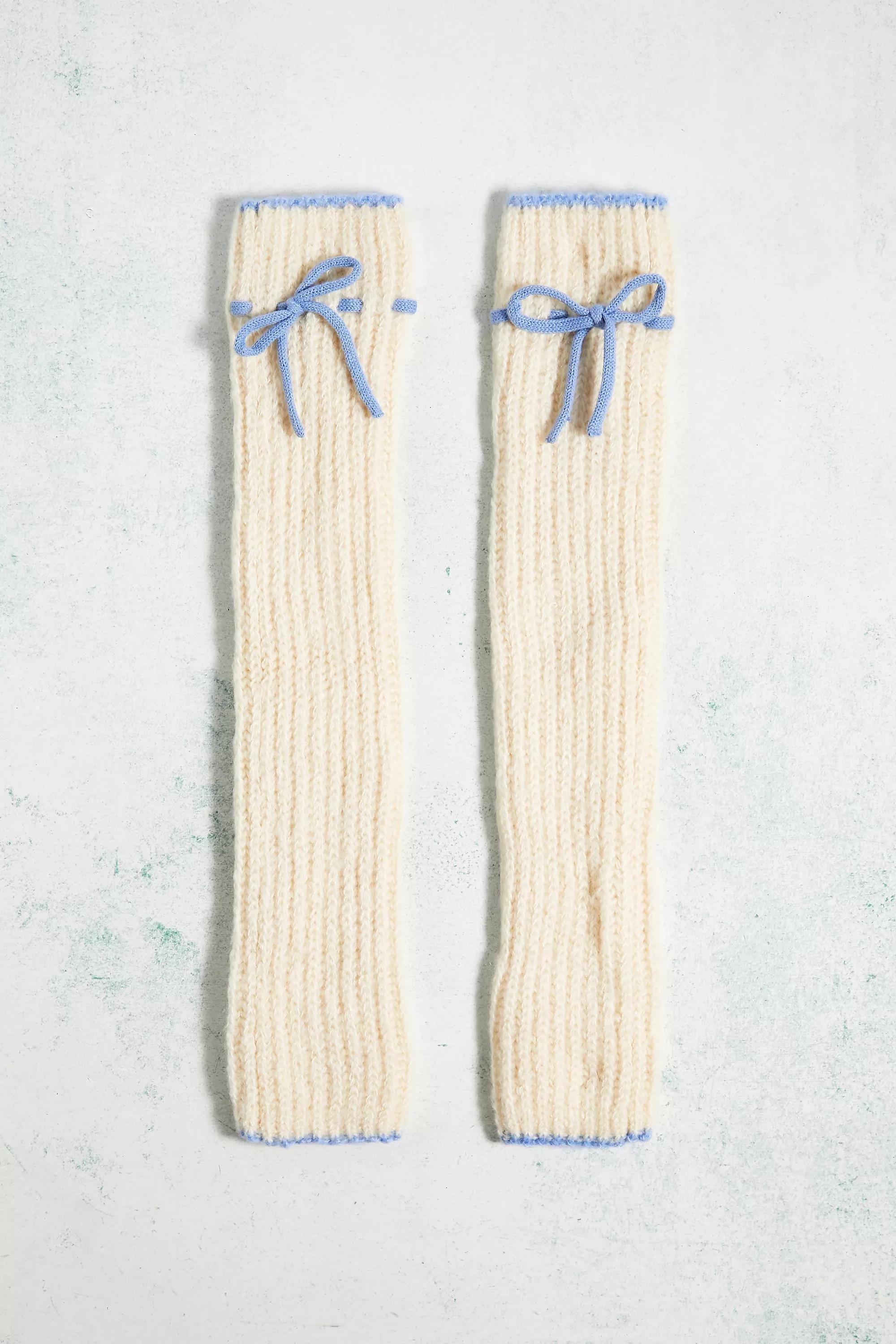 Cream Out From Under Contrast Knit Ribbon Leg Warmers, , large image number 1