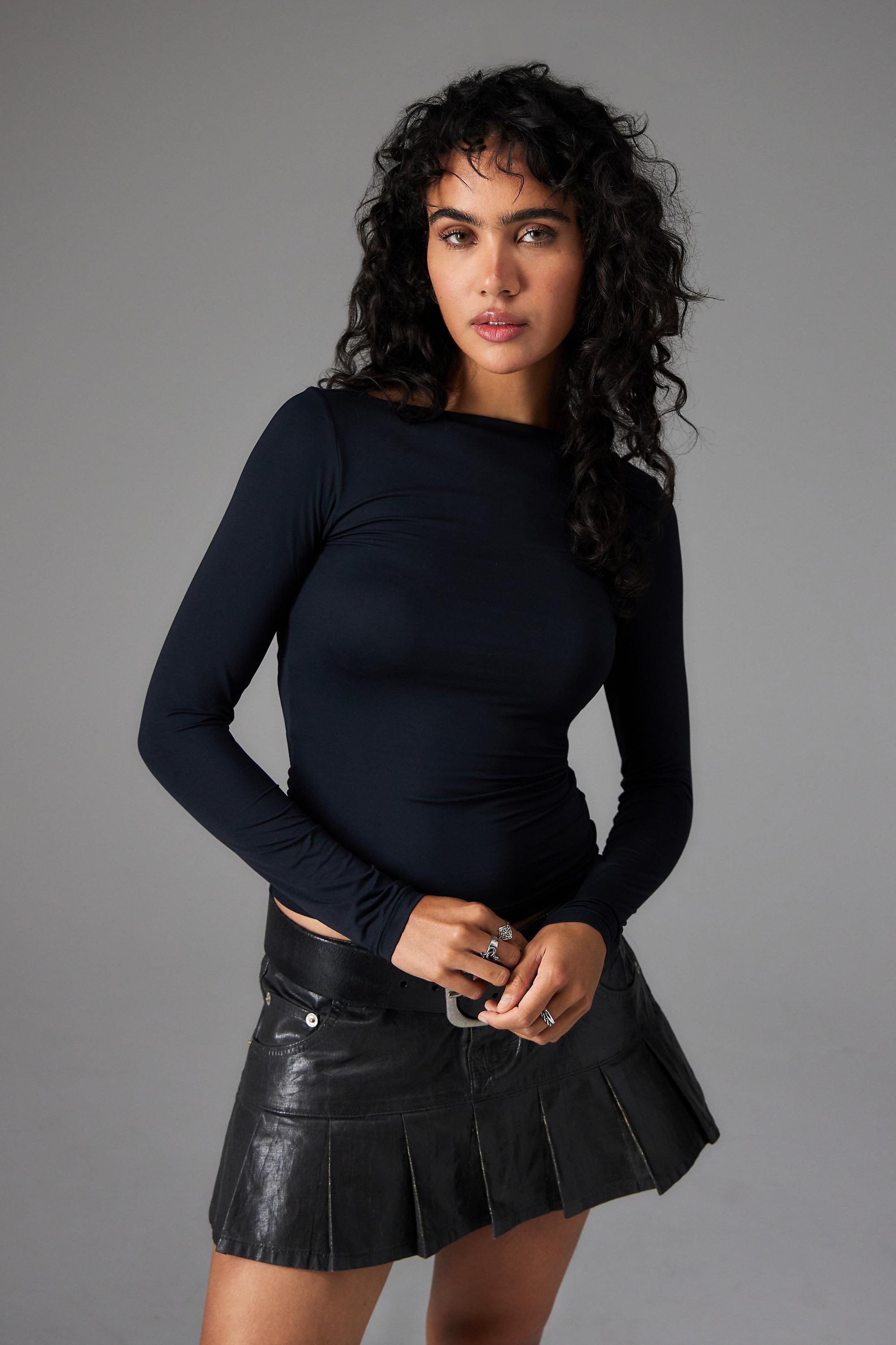 Black Mia Slinky Slash Neck Long Sleeve T-Shirt, , large image number 0