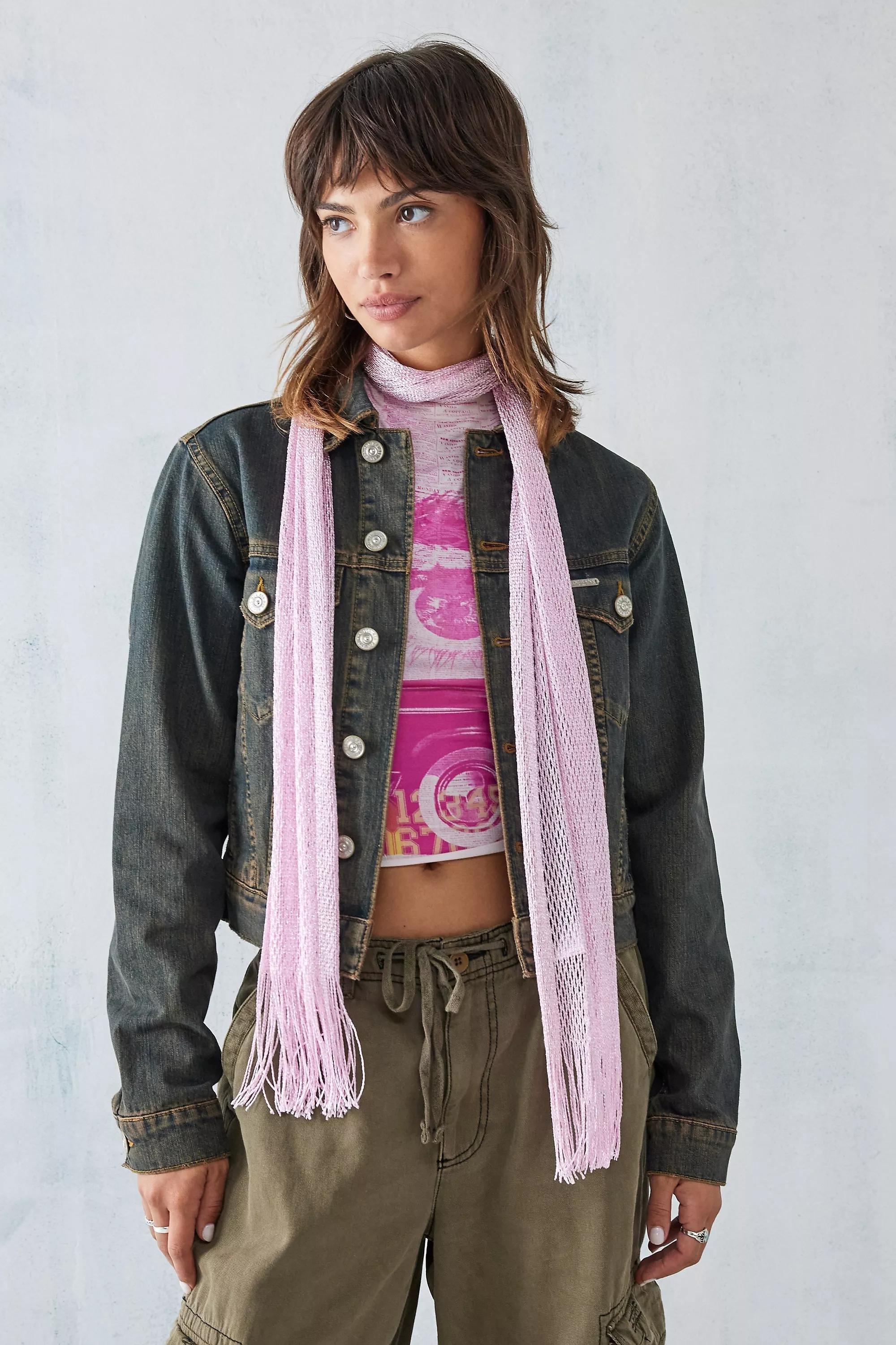 Pink Y2K Sparkle Skinny Knit Scarf, , large image number 0