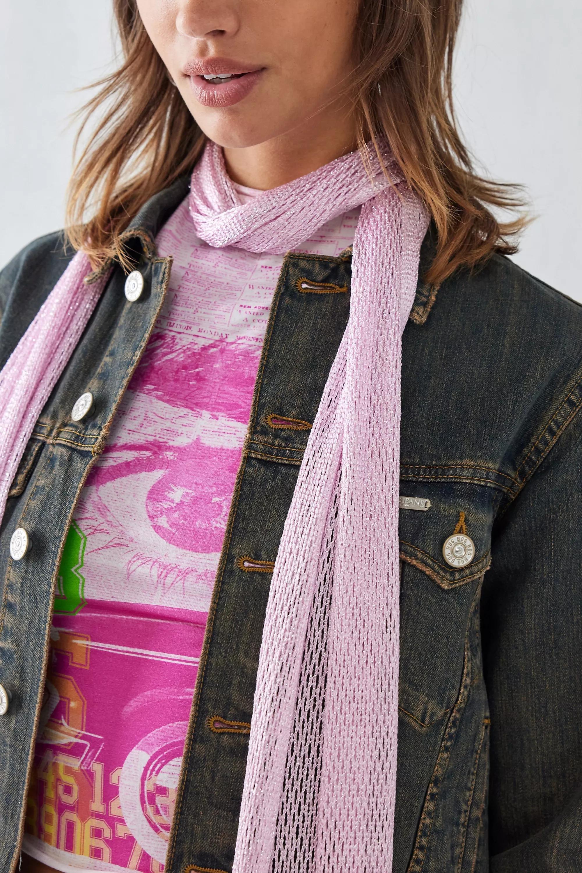 Pink Y2K Sparkle Skinny Knit Scarf, , large image number 1