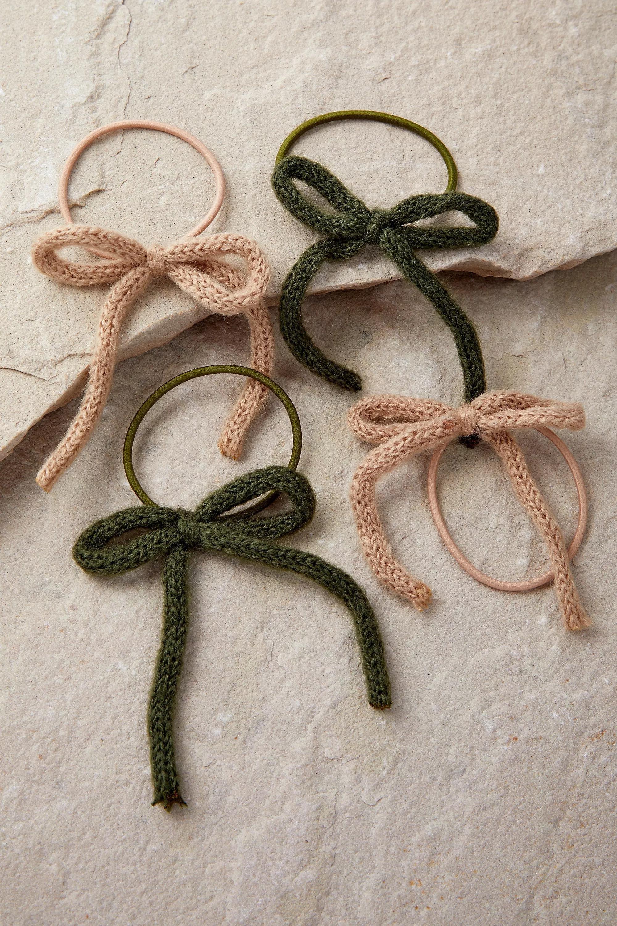 Khaki Knitted Bow Hair Tie, Set Of 4, , large image number 0