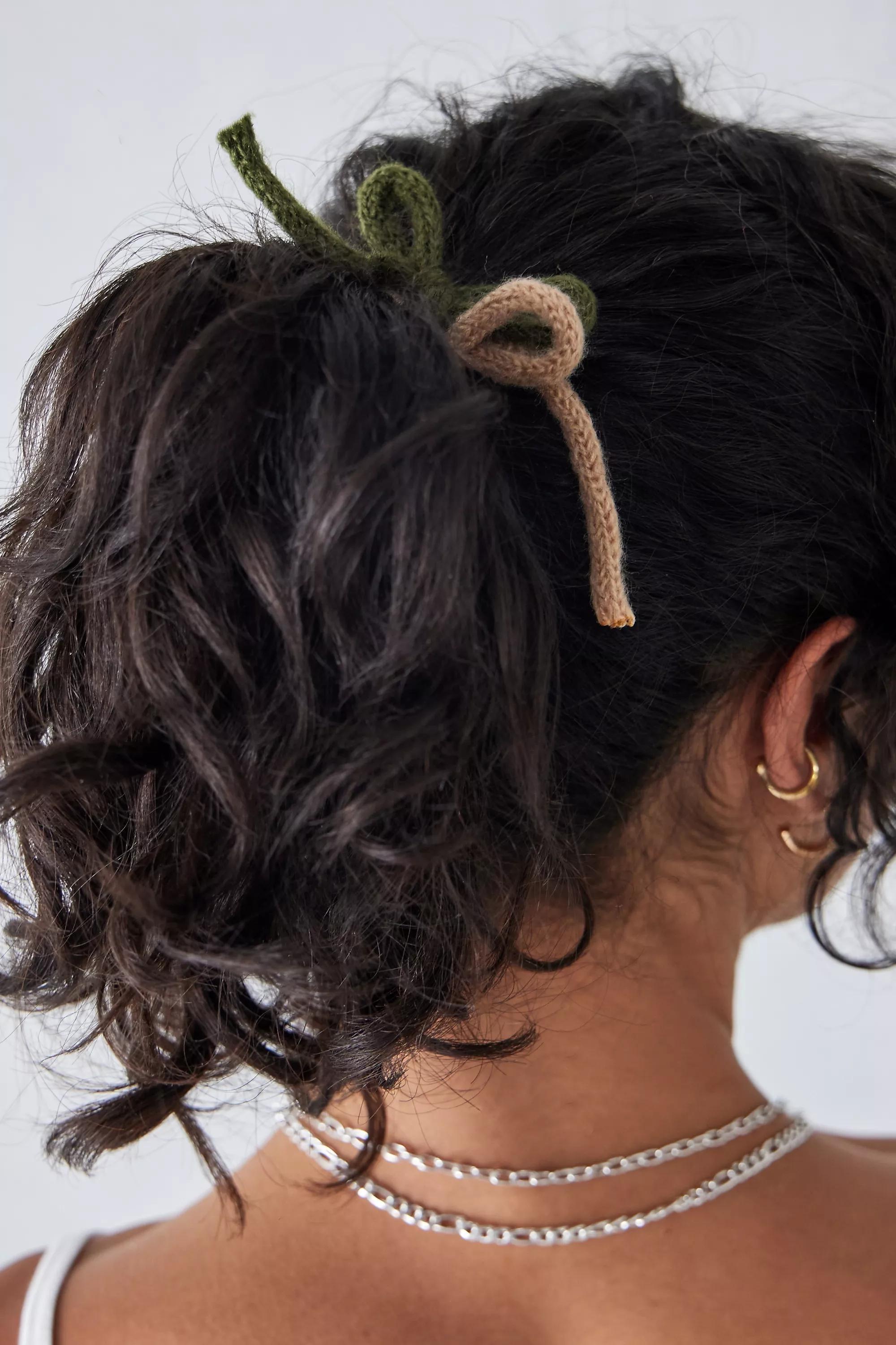Khaki Knitted Bow Hair Tie, Set Of 4, , large image number 1