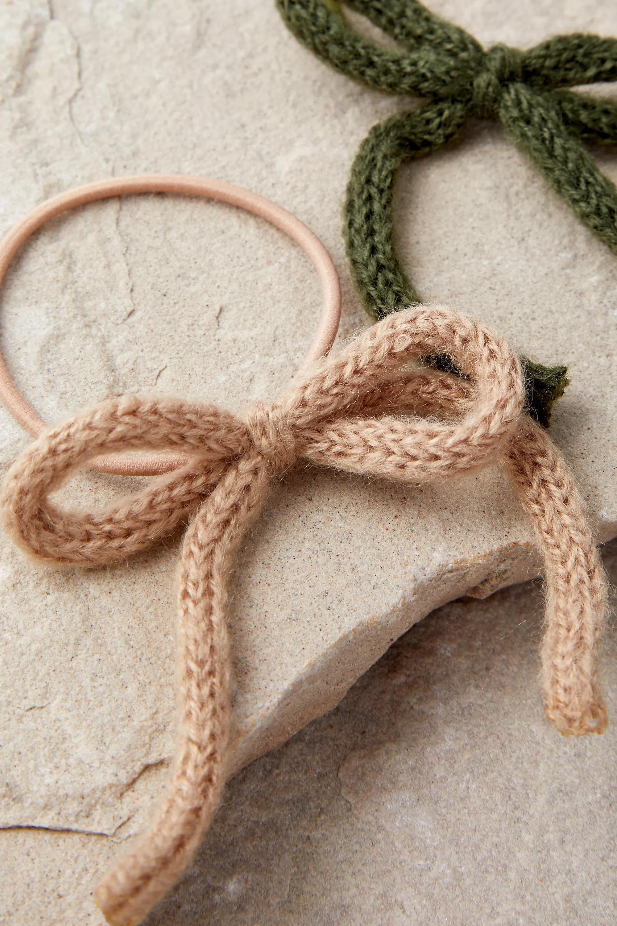 Khaki Knitted Bow Hair Tie, Set Of 4, , large image number 2