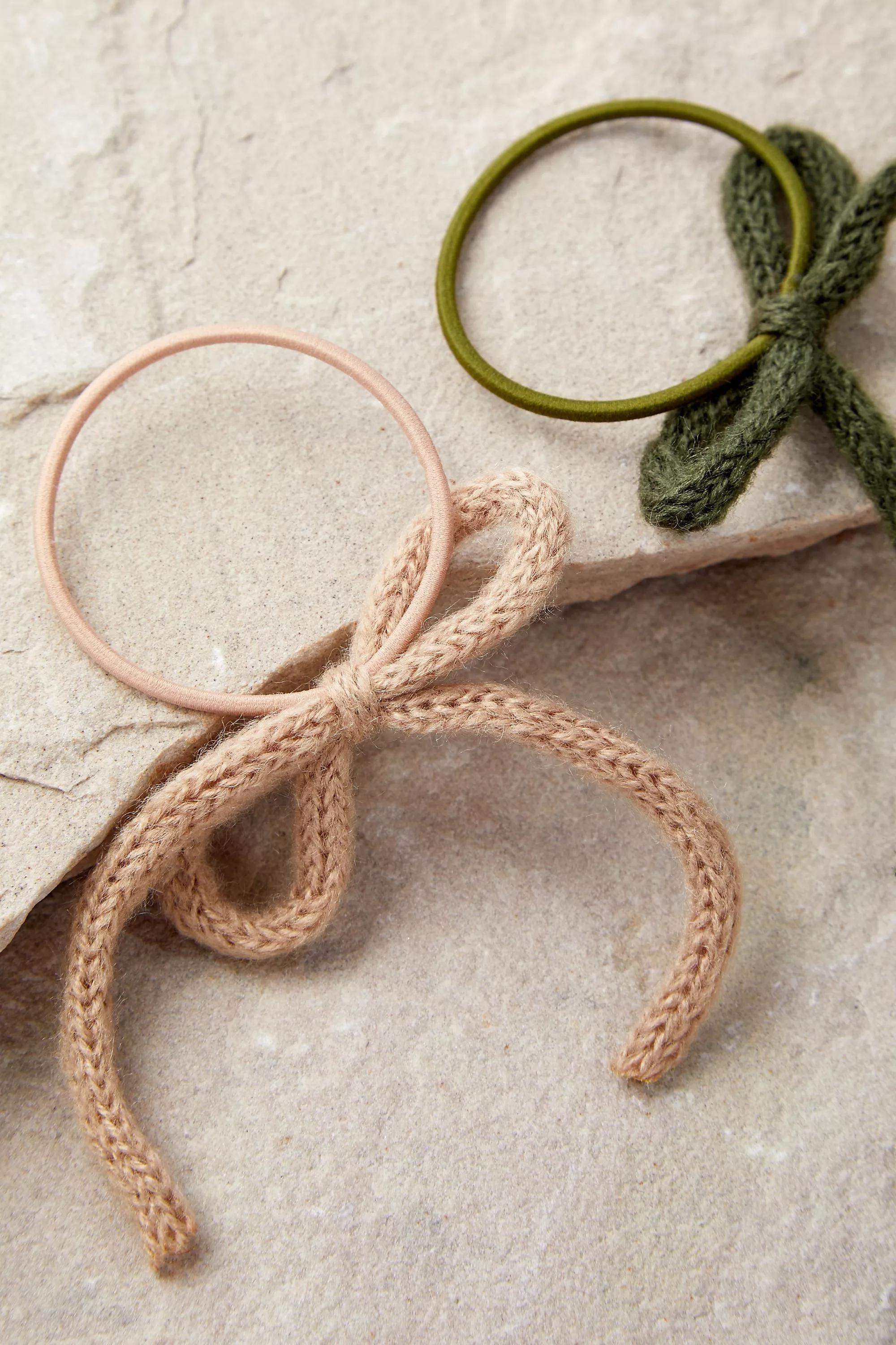 Khaki Knitted Bow Hair Tie, Set Of 4, , large image number 3