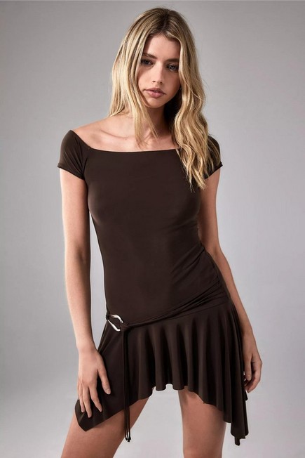 Urban Outfitters - Brown Belted Slash Neck Mini Dress