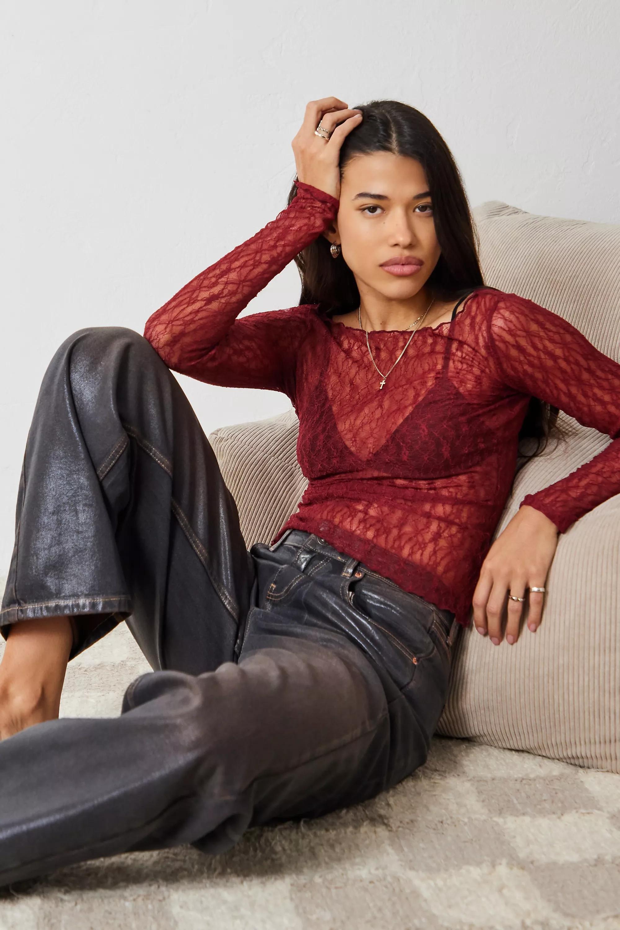 Wine Out From Under Libby Sheer Lace Long Sleeve Top