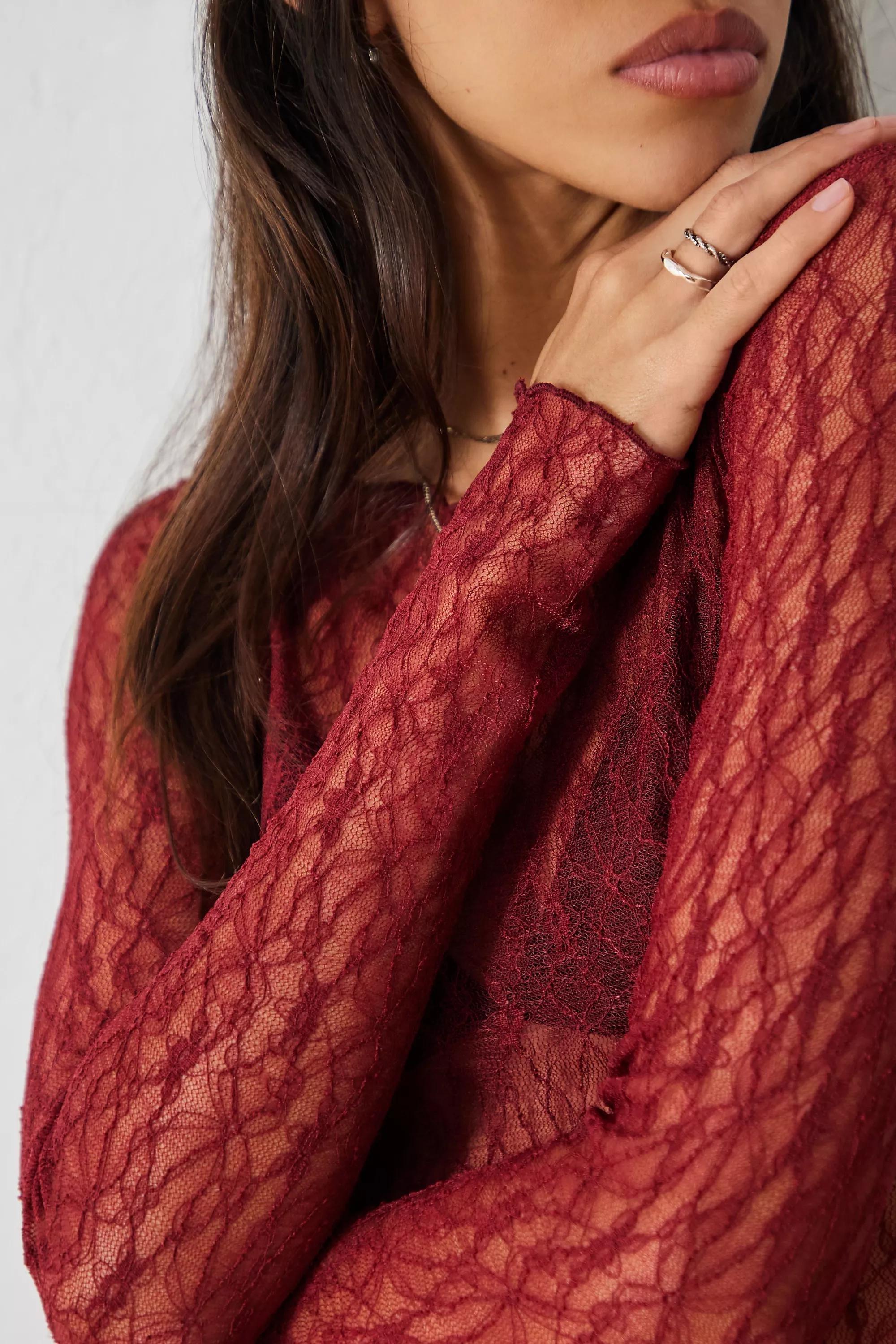 Urban Outfitters Wine Out From Under Libby Sheer Lace Long Sleeve Top