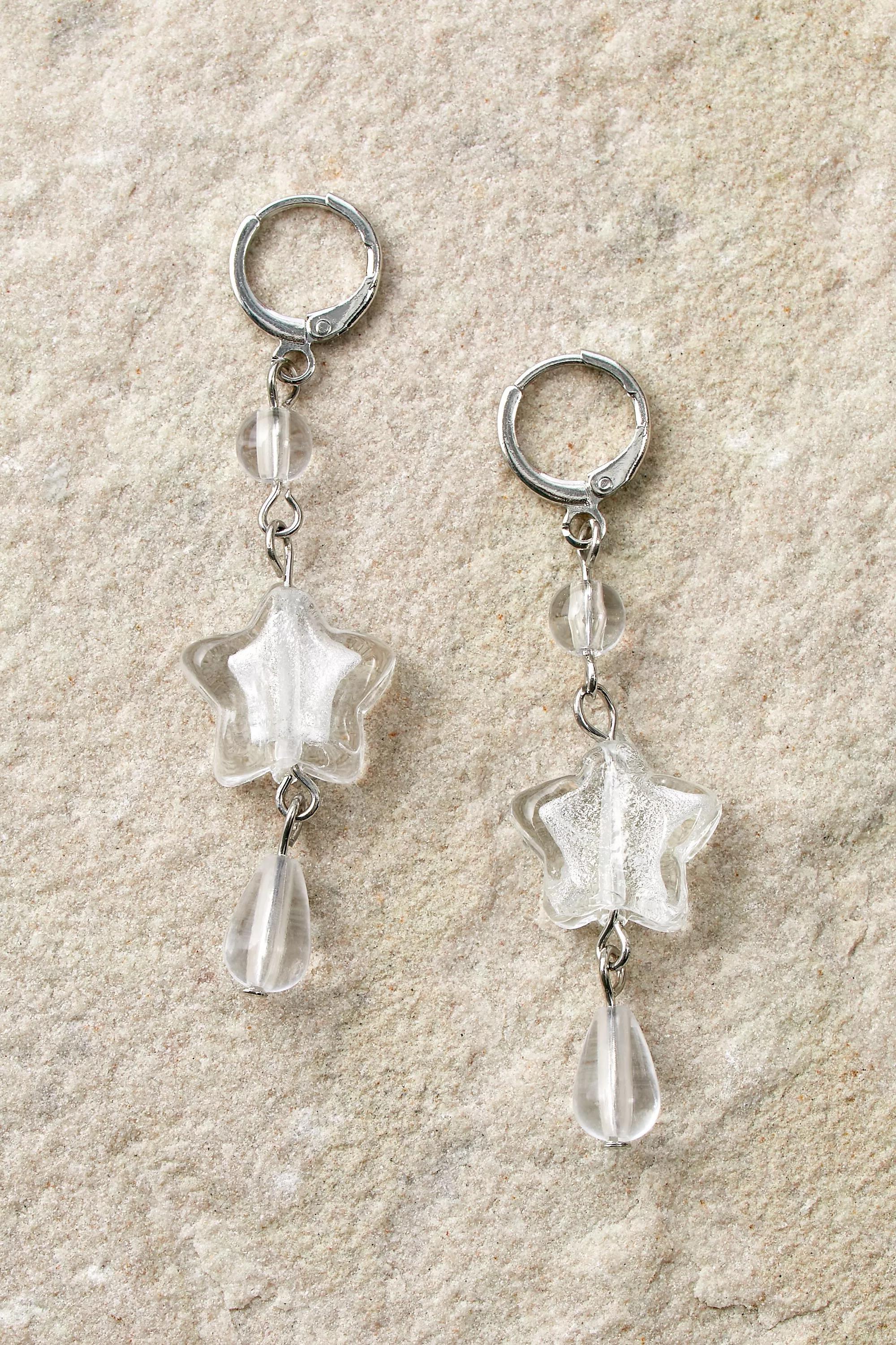 Silver Glass Star Dropped Hoop Earrings, , large image number 0
