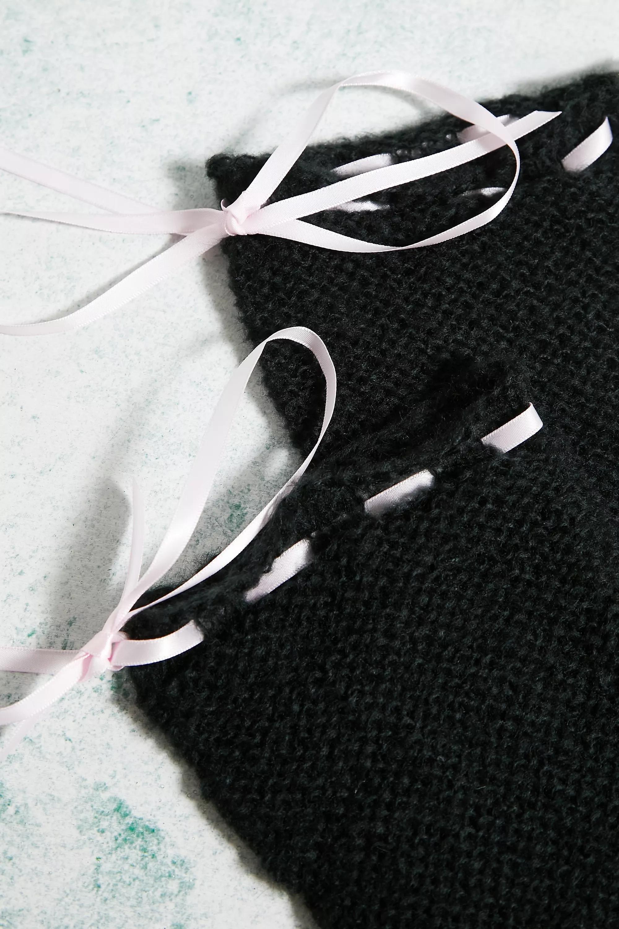 Black Open Weave Ribbon Leg Warmers, BLK, large image number 2