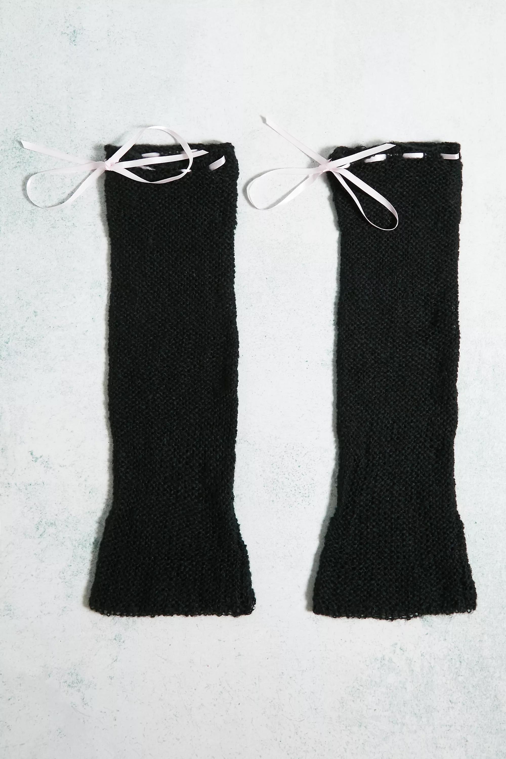 Black Open Weave Ribbon Leg Warmers, BLK, large image number 3
