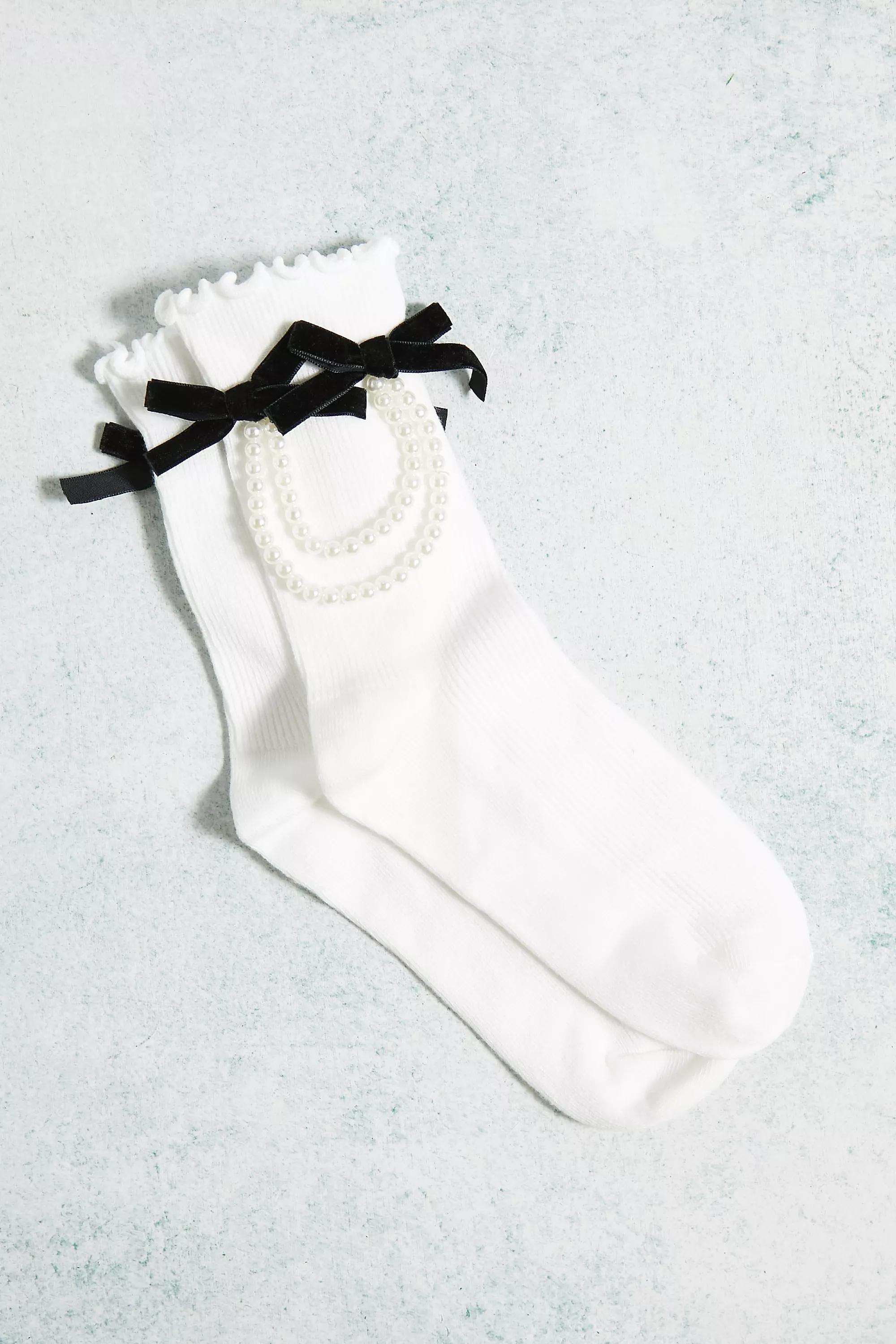 White Lettuce Edge Pearl Chain Socks, , large image number 1